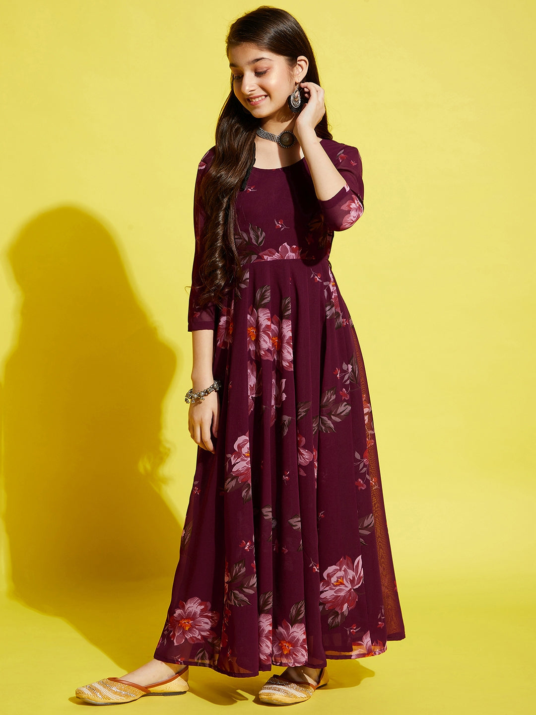 Girls Maroon Floral Printed Georgette