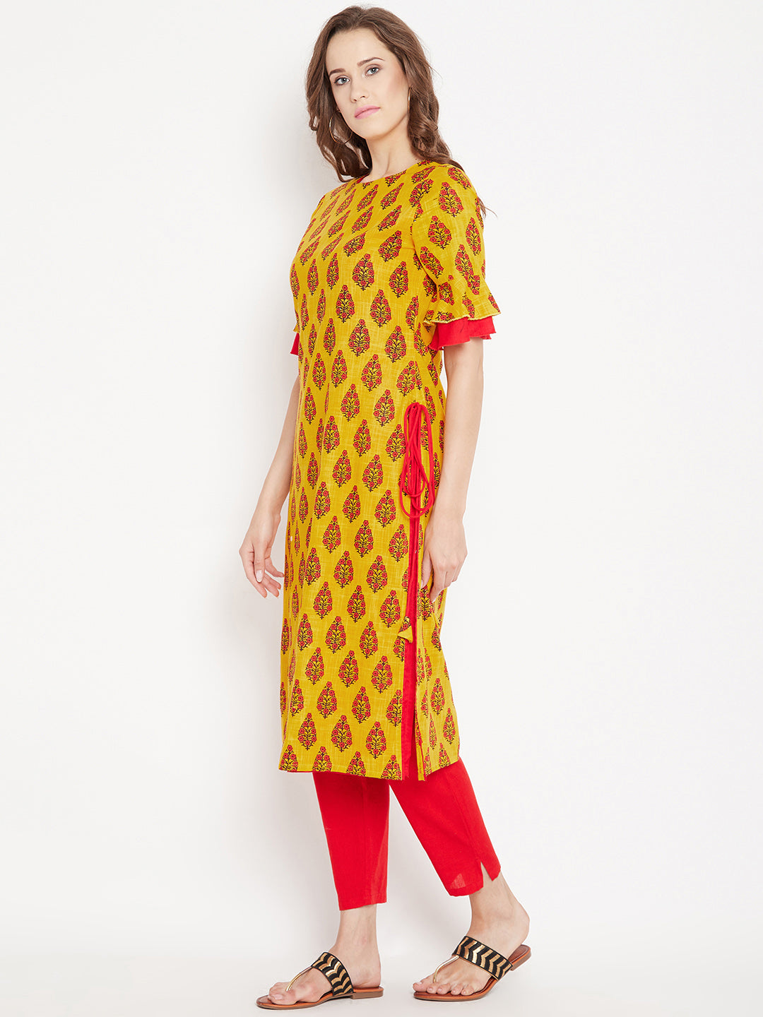 Women's Yellow Ethnic Motif Printed Mid Length Layed Kurta