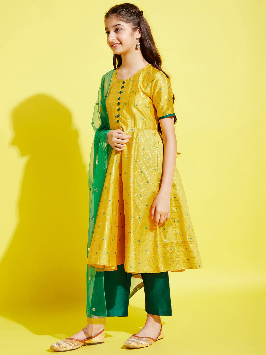 Girl Yellow Self Design Kurta with Palazzos with dupatta
