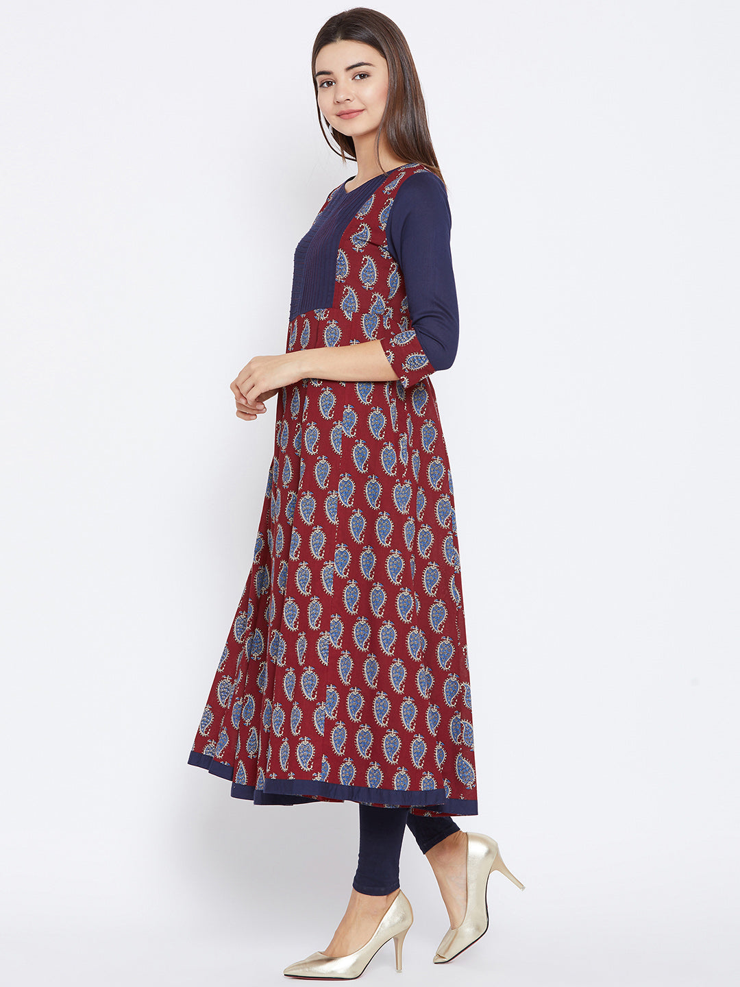 Women's Maroon And Navy Blue Paisely Printed Anarkali Ankle Length Kurta