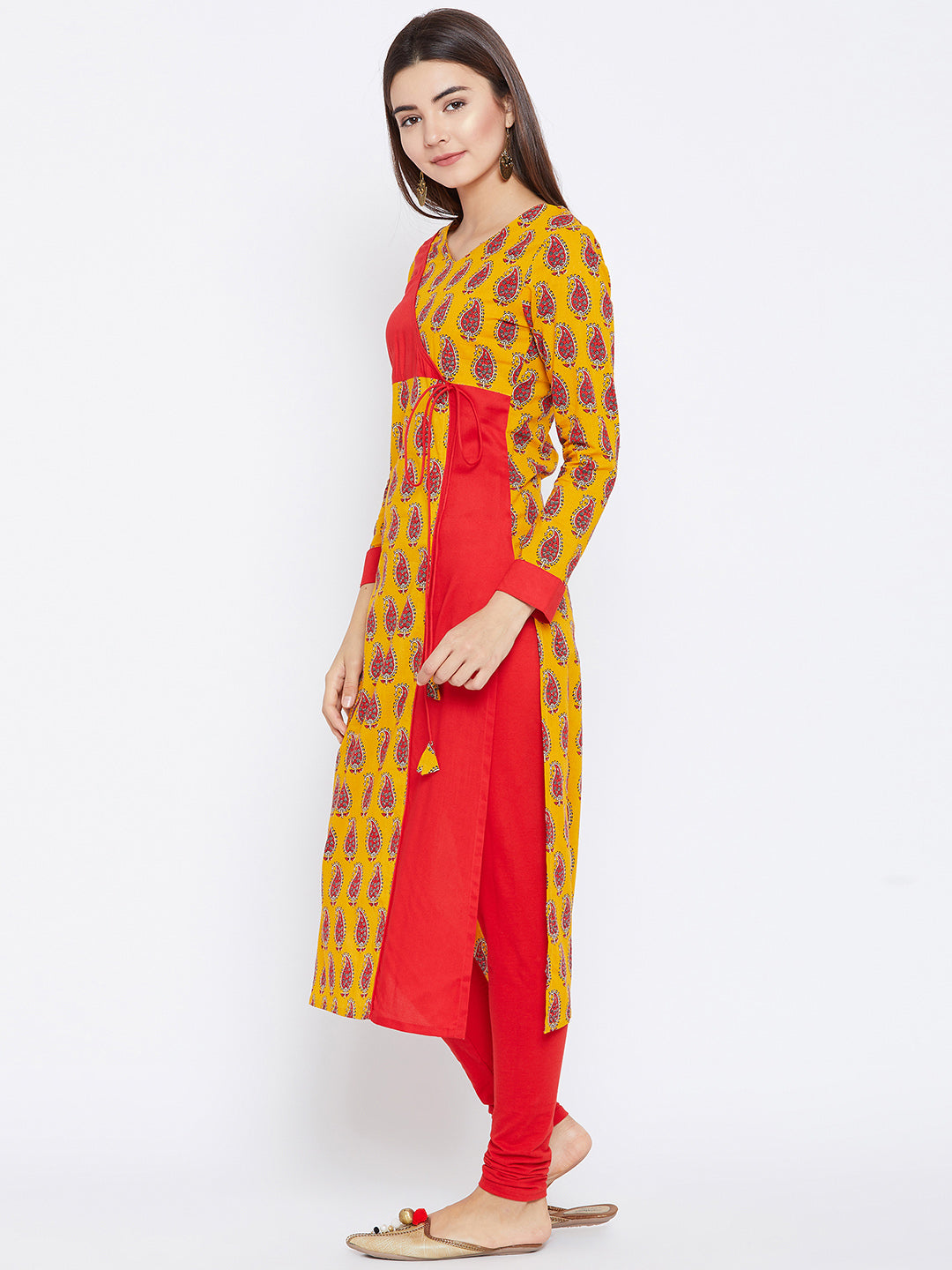 Women's Yellow And Red Color Paisely Printed Streight Fit Angrakha Kurta
