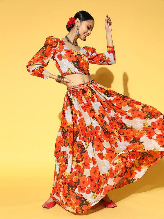 Orange & Grey Floral Print Ready to Wear Lehenga & Choli
