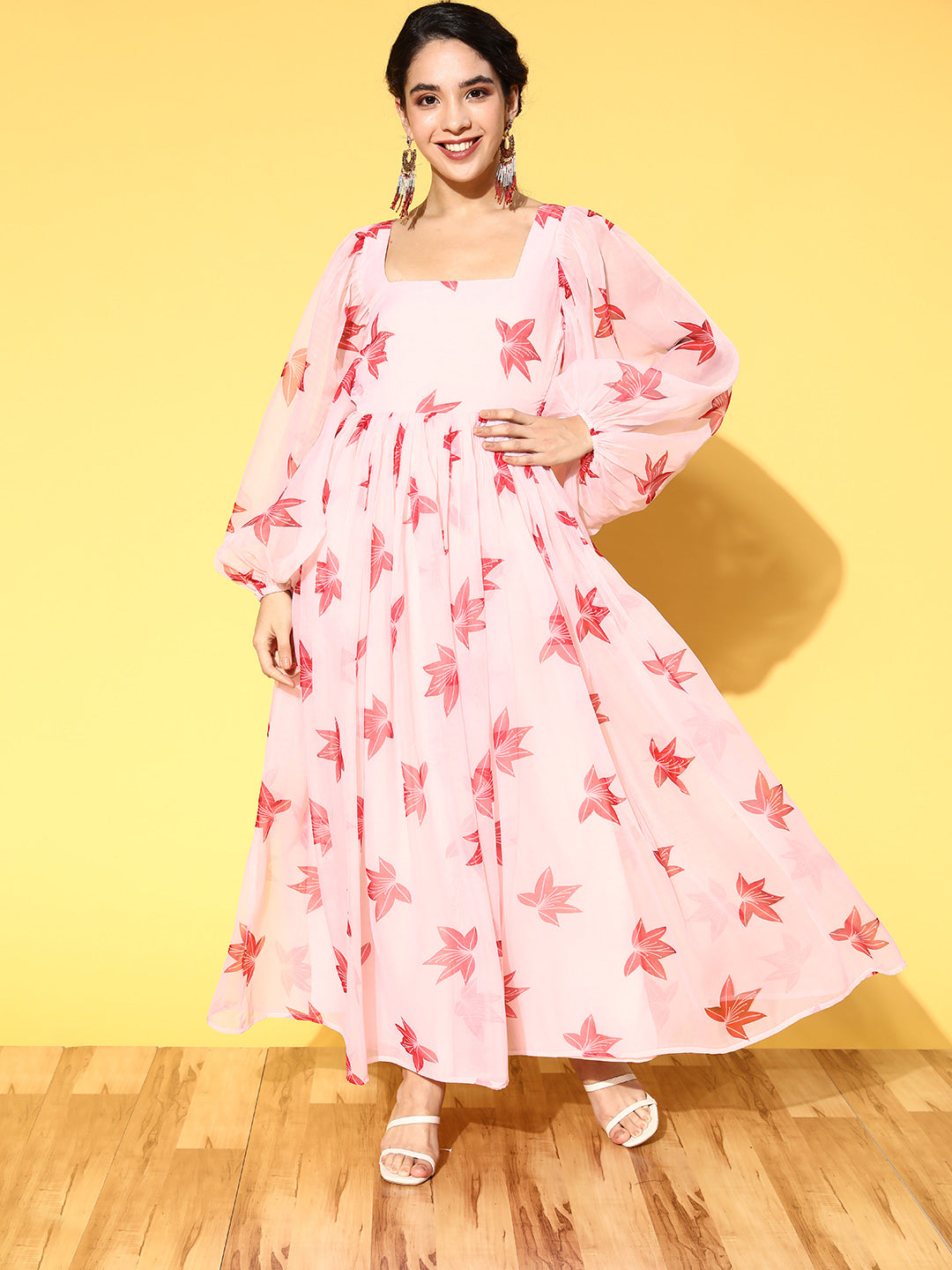 PANIT Women Dress Peach Floral Swirling Volume Dress