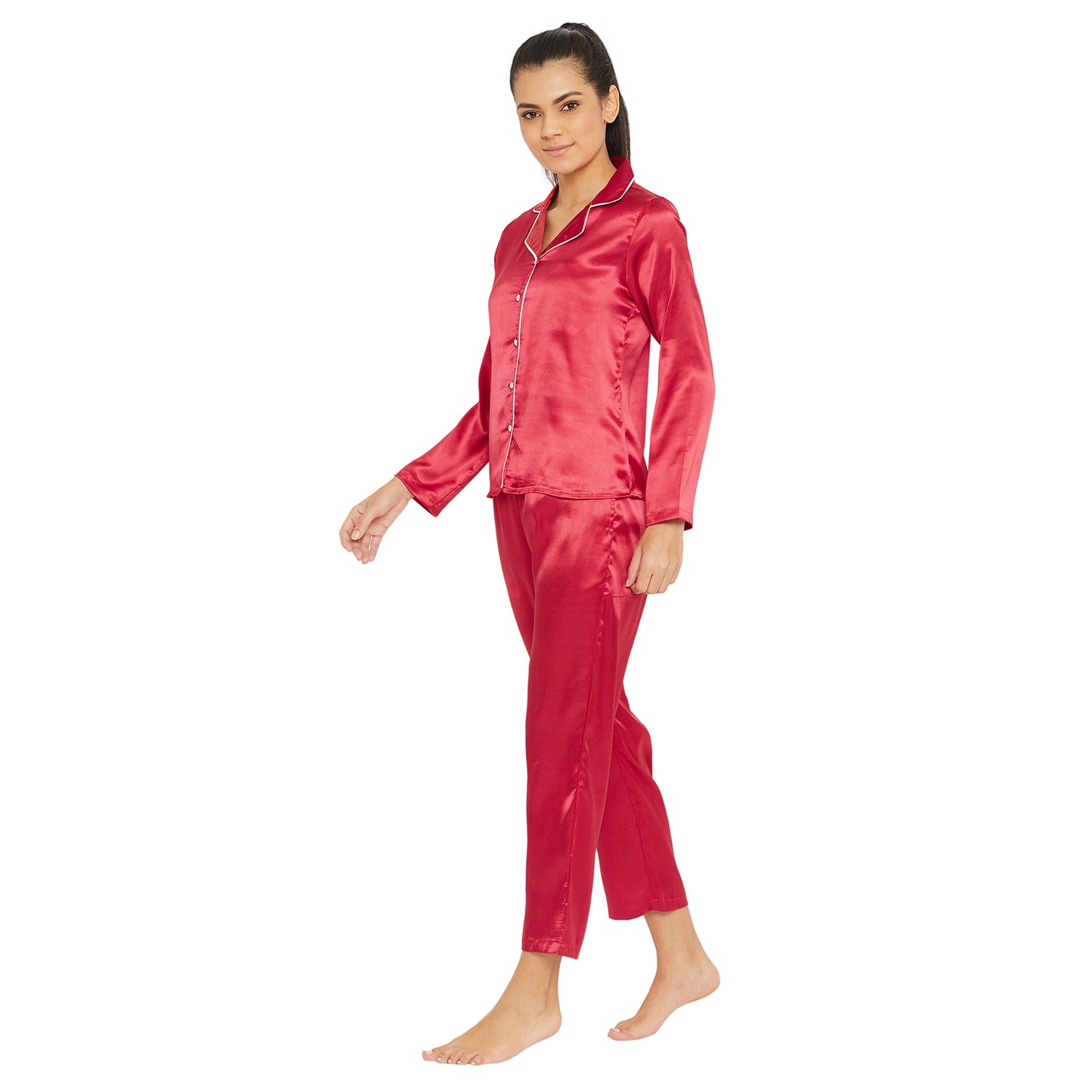Women Red Satin Finish Solid Night Suit