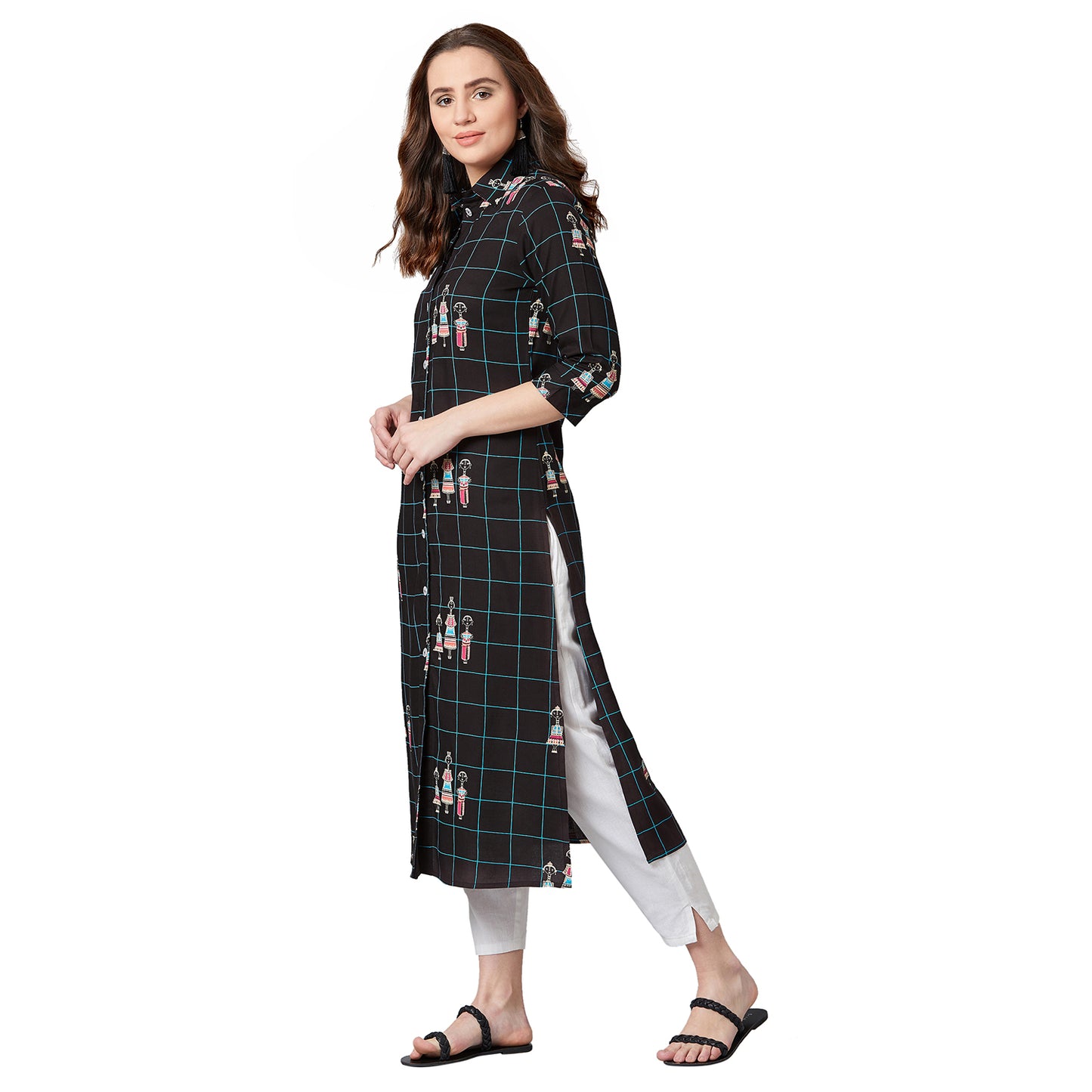 Women Black & Blue Tribal Print Straight Kurta