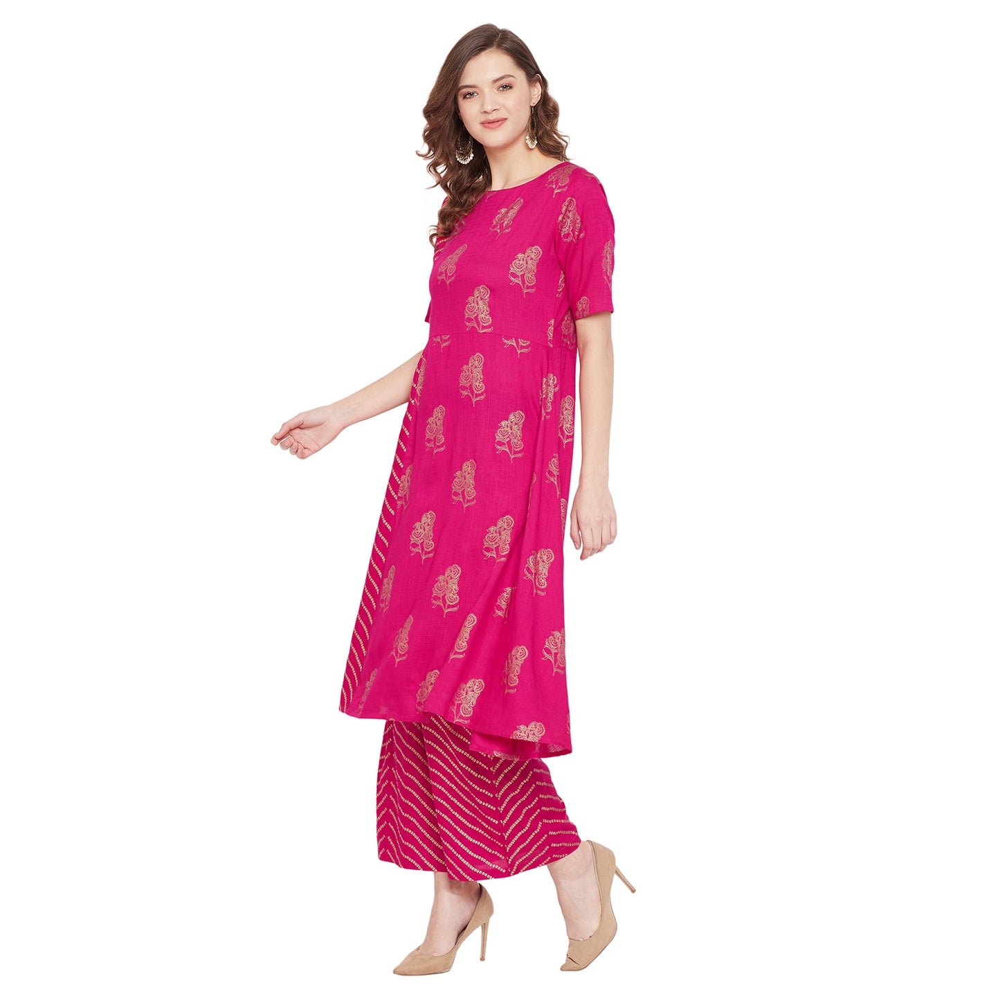 Fuchsia foil printed kurta set