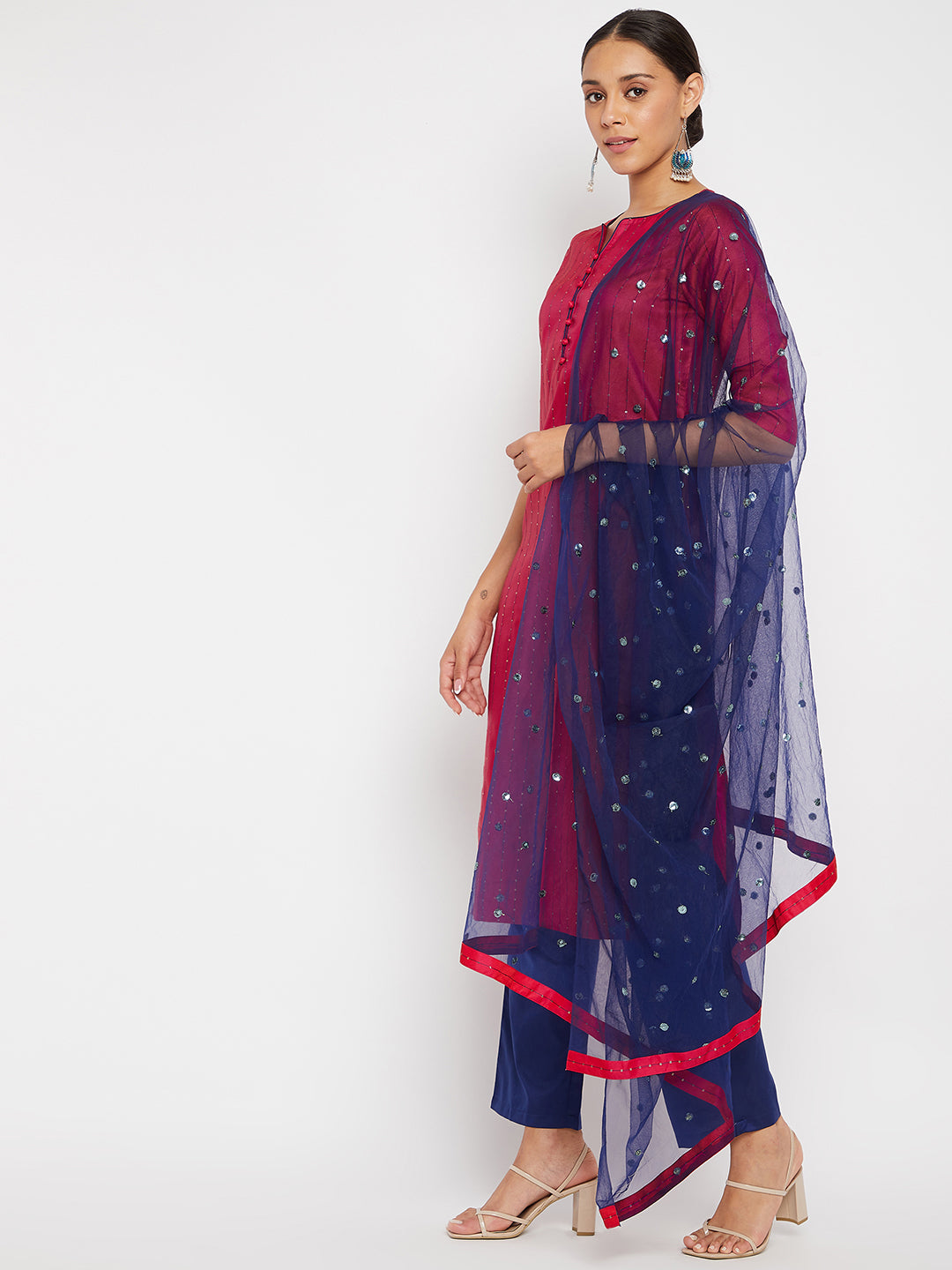 Women Magenta Blue Sequin Straight Kurta Set with Dupatta