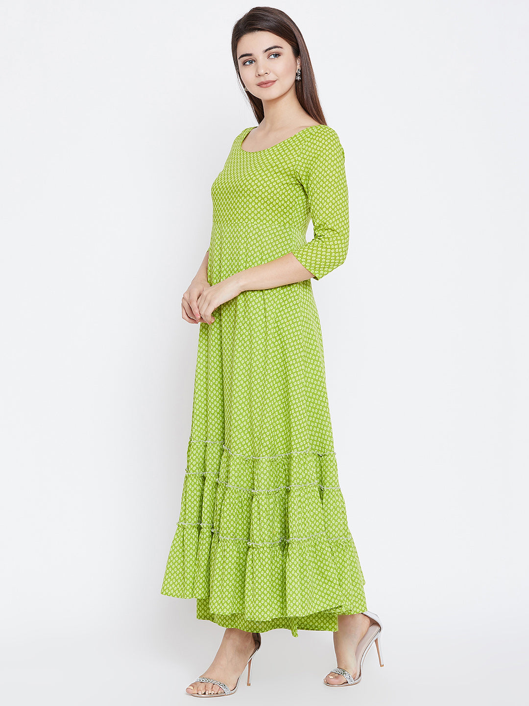 PANIT Women Green Ethnic Motifs Printed Tiered Anarkali Kurta
