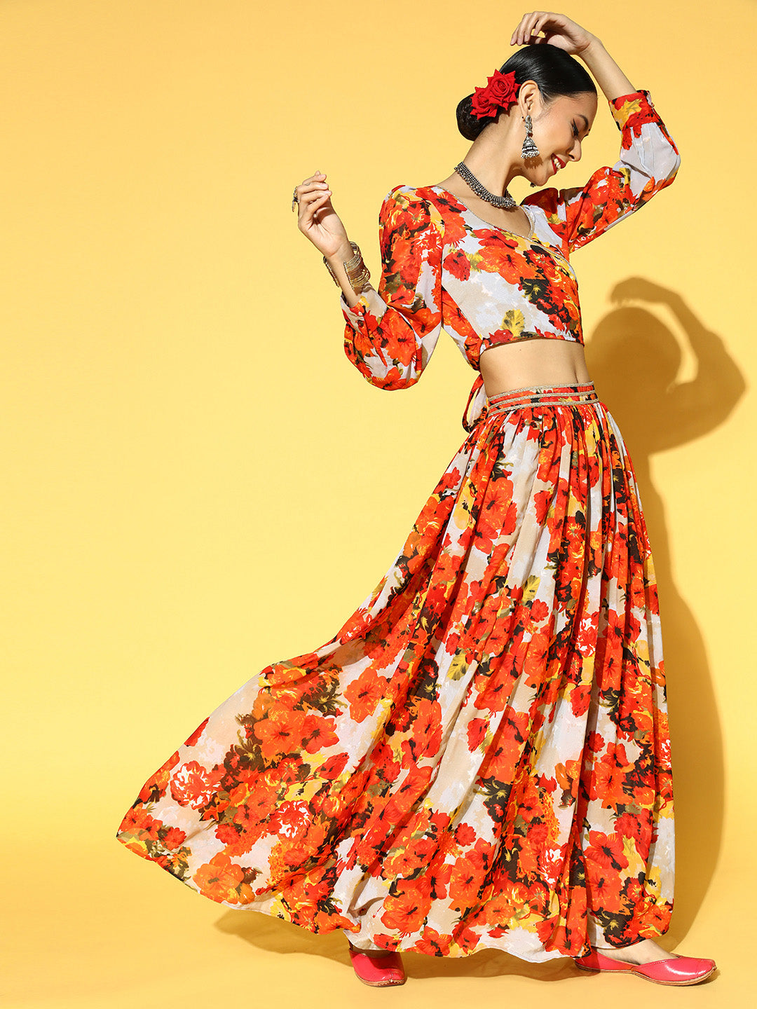 Orange & Grey Floral Print Ready to Wear Lehenga & Choli