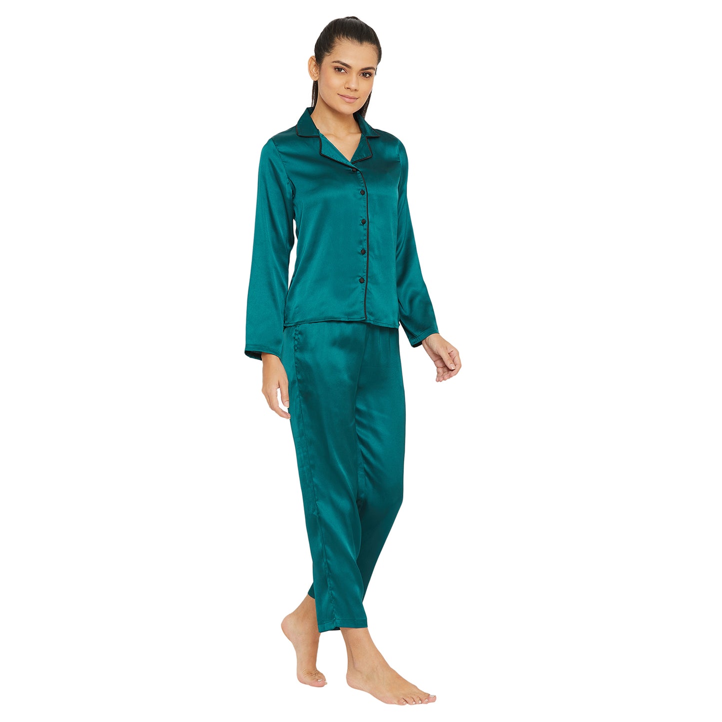 Women Green Satin Finish Solid Night Suit