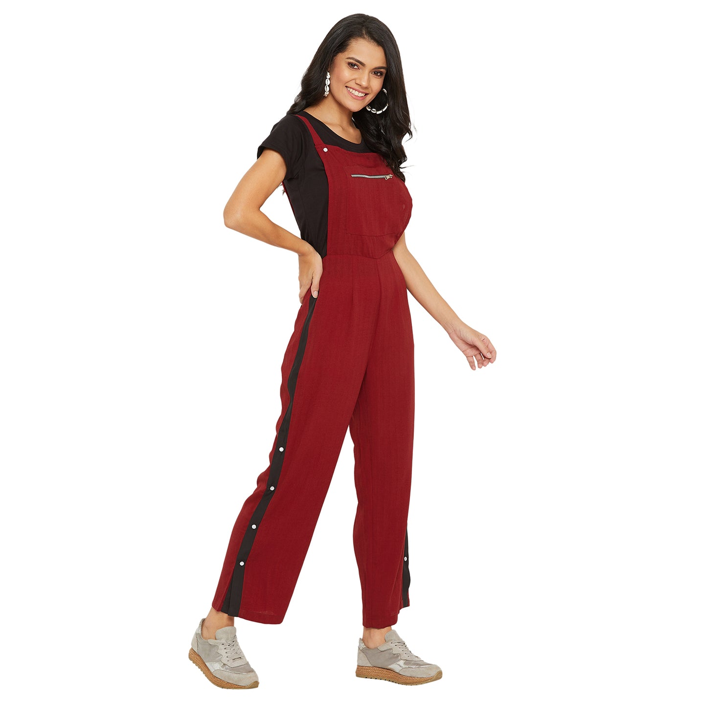 Maroon solid dungarees with side stripes detail