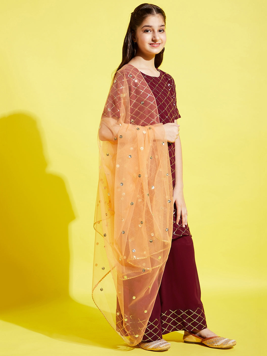 Girls Burgundy Embroidered Straight Kurta with Palazzos & With Dupatta