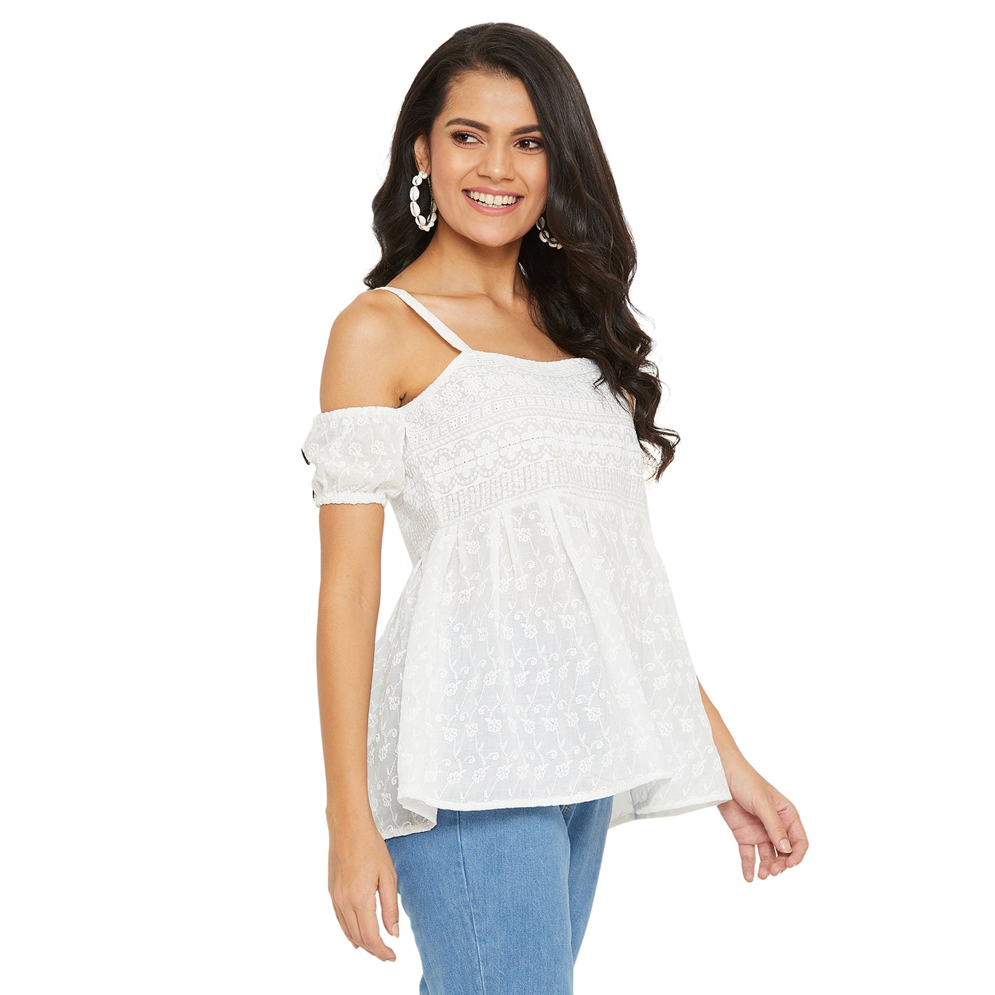 White Schiffli Off Shoulder Puff Sleeves Bardot top