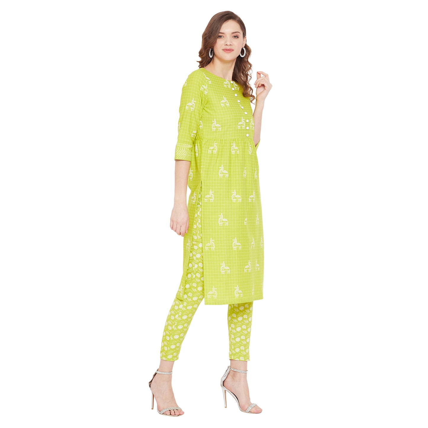 Lime green block print kurta with matching trouser