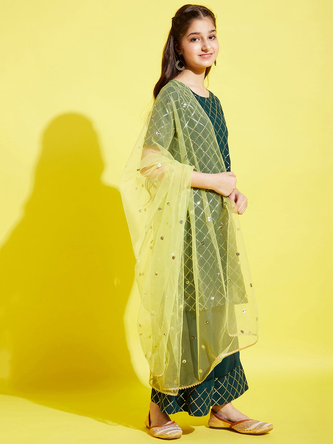 Girls Green Embroidered Straight Kurta with Palazzo & With Dupatta
