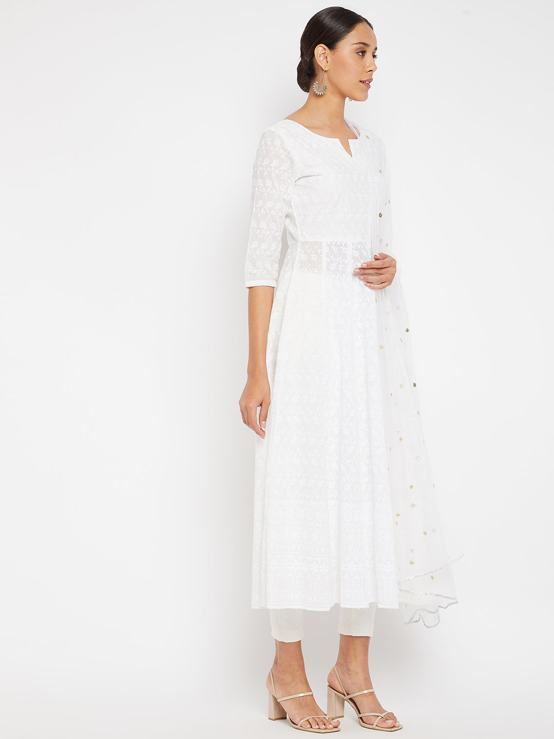 Women White A-Line Kurta with Trouser and Dupatta