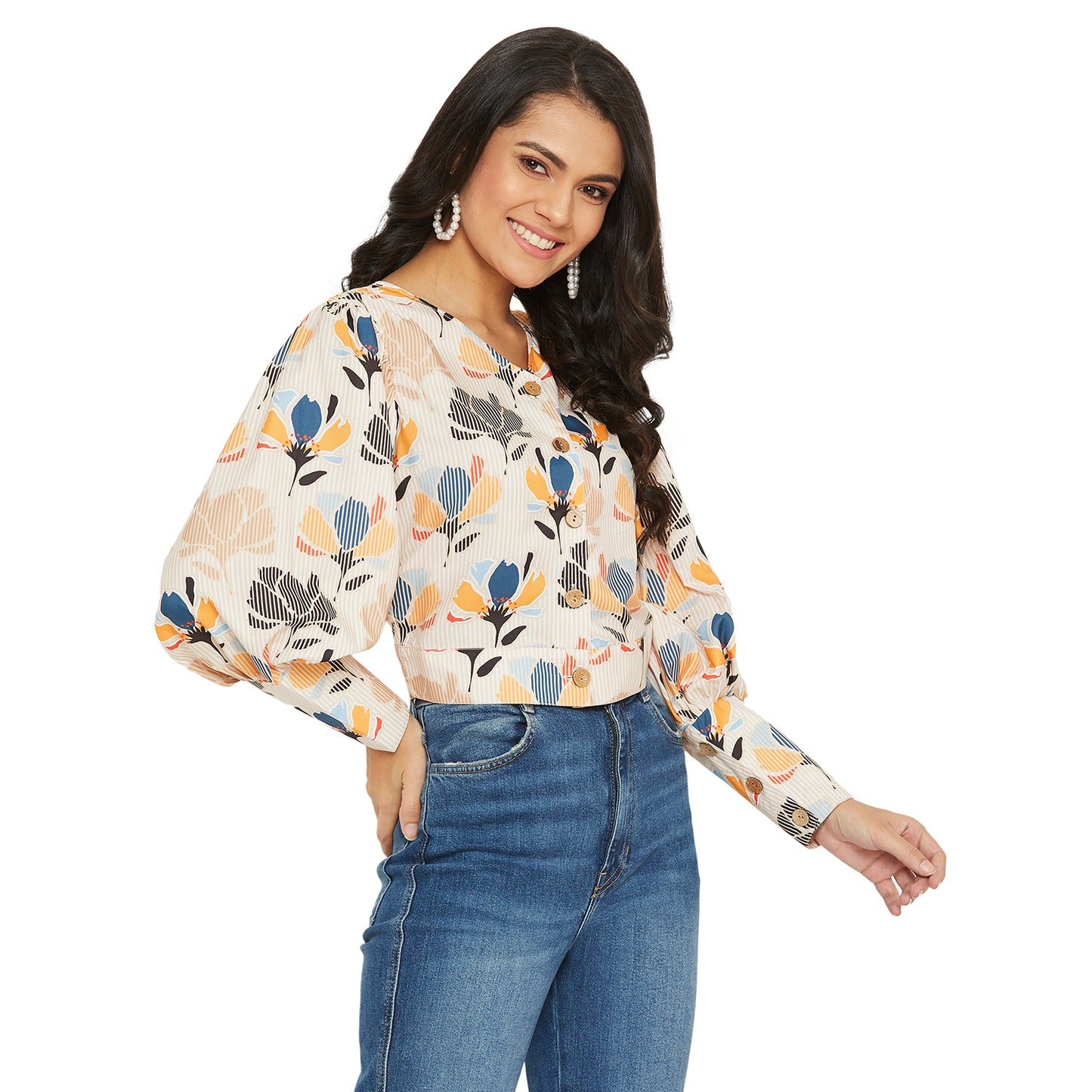 Light Brown Floral Printed Top With Puff Sleeve