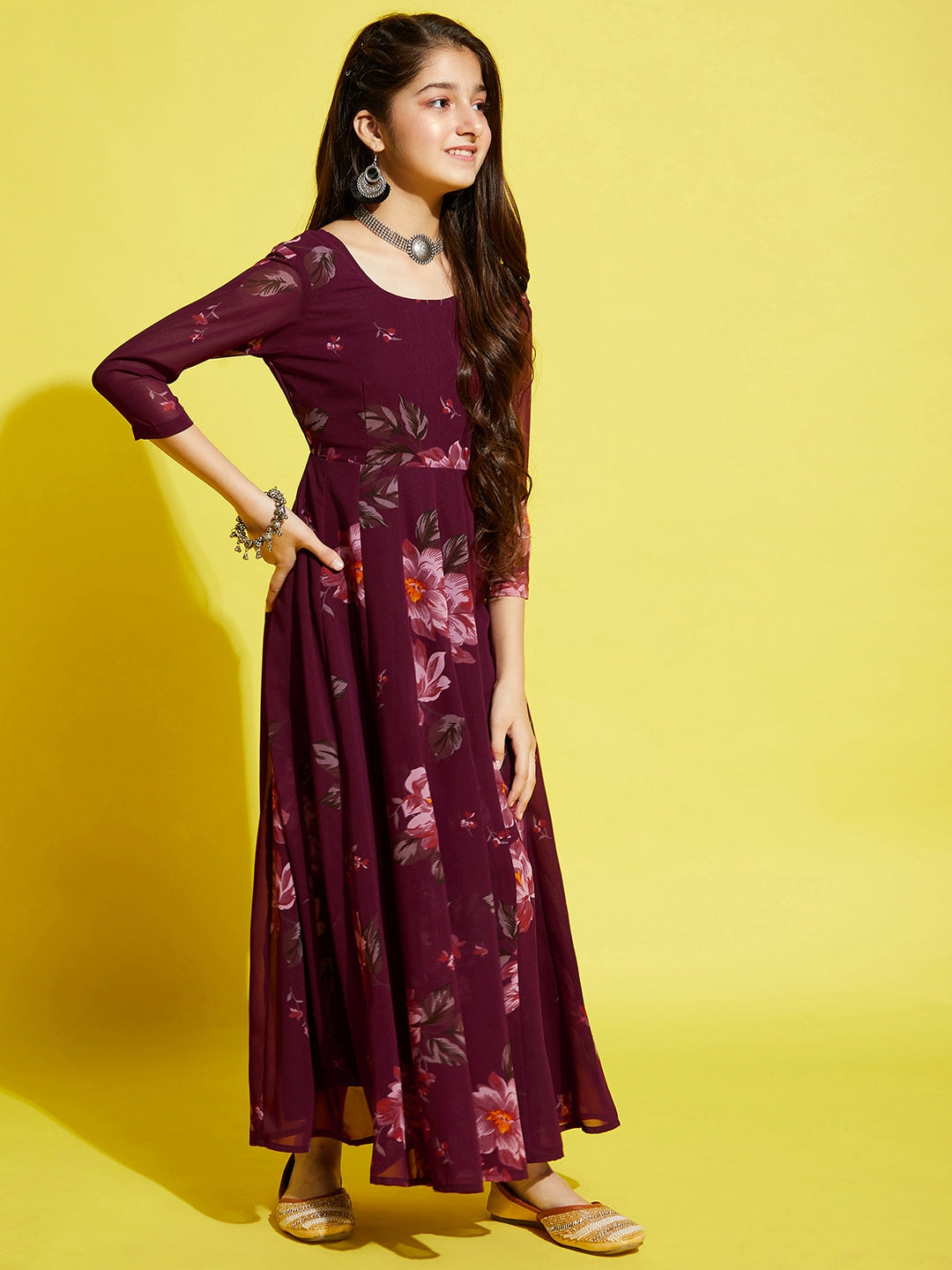 Girls Maroon Floral Printed Georgette