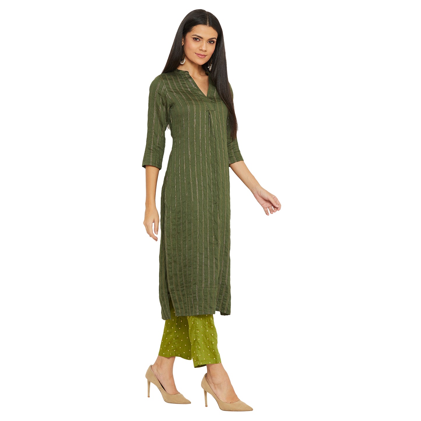 Lurex Dark Mehndi Colour Kurta With Green Trouser