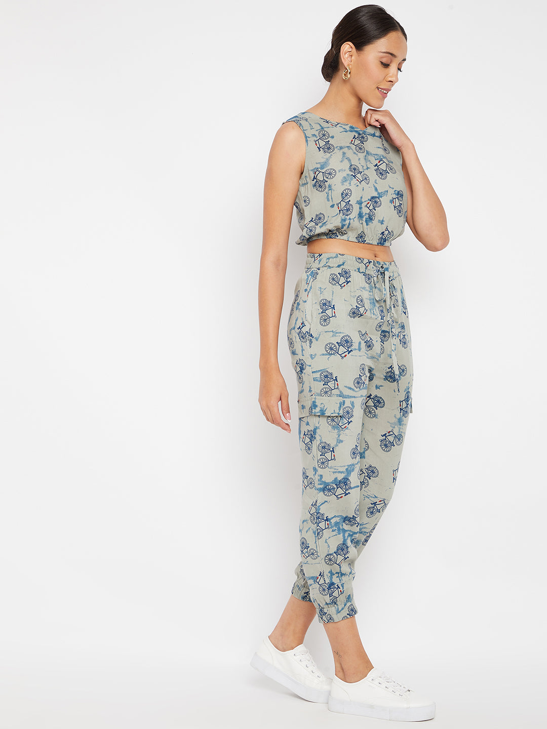 PANIT Grey and Blue Cycle Printed Two-Piece Jumpsuit