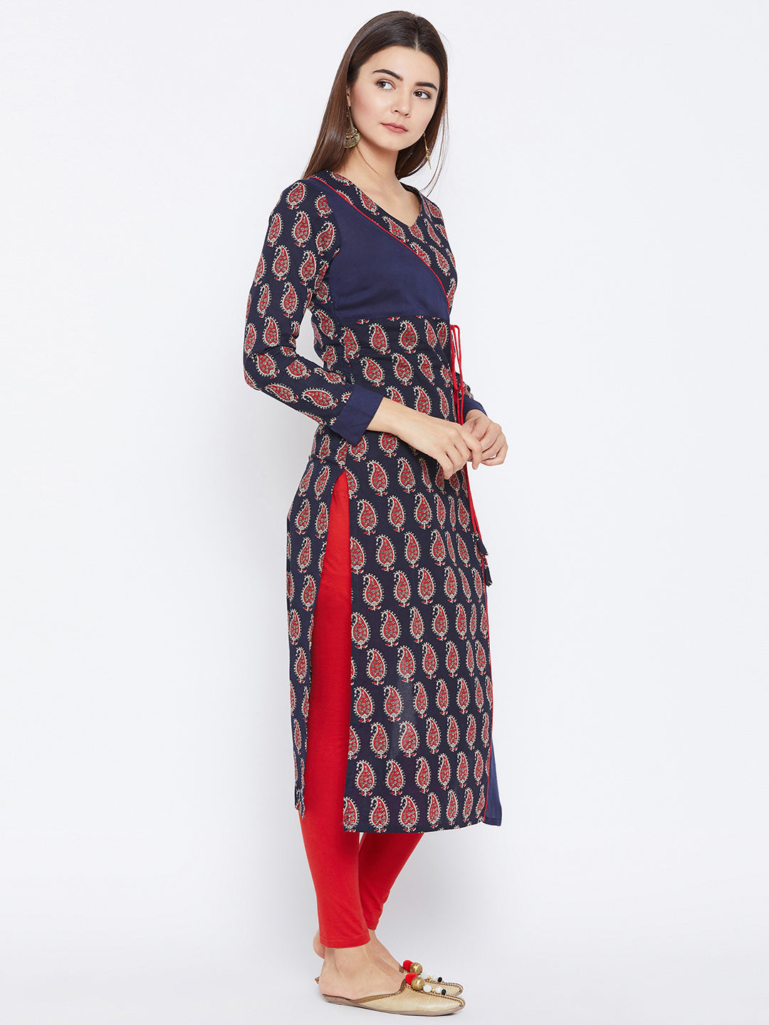 Women's Navy Blue And Red Color Paisely Printed Streight Fit Angrakha Kurta