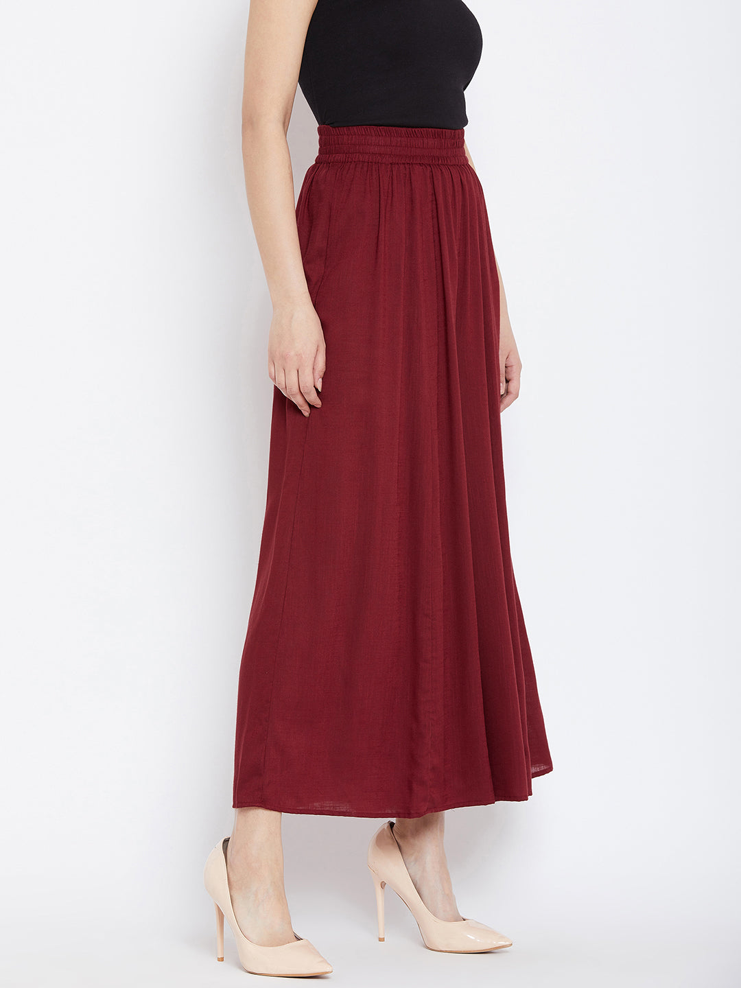 Women Maroon Flared Solid Palazzos