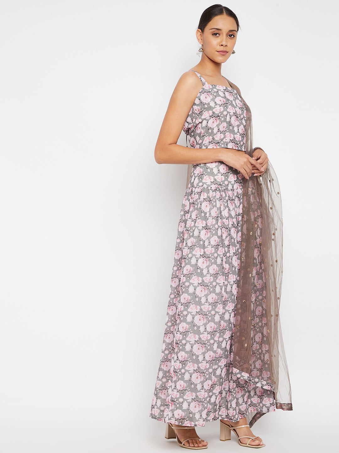 Women Grey Floral Printed Regular Top with Skirt & With Dupatta