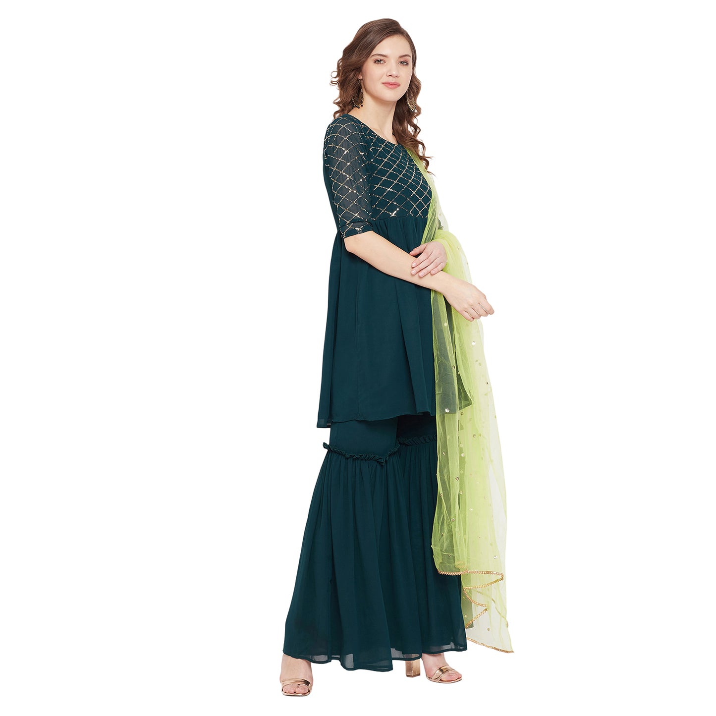 Dark green yoke and sleeve jaal embroidered sharara set with lime green dupatta