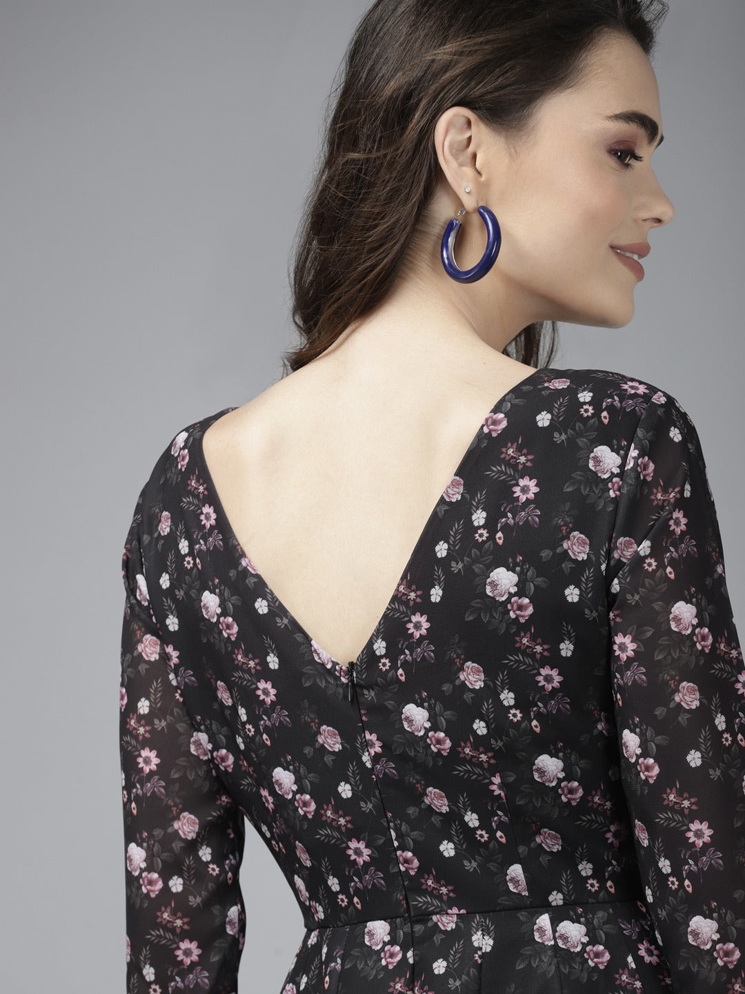 PANIT Black Pink Floral Print Georgette Maxi Dress