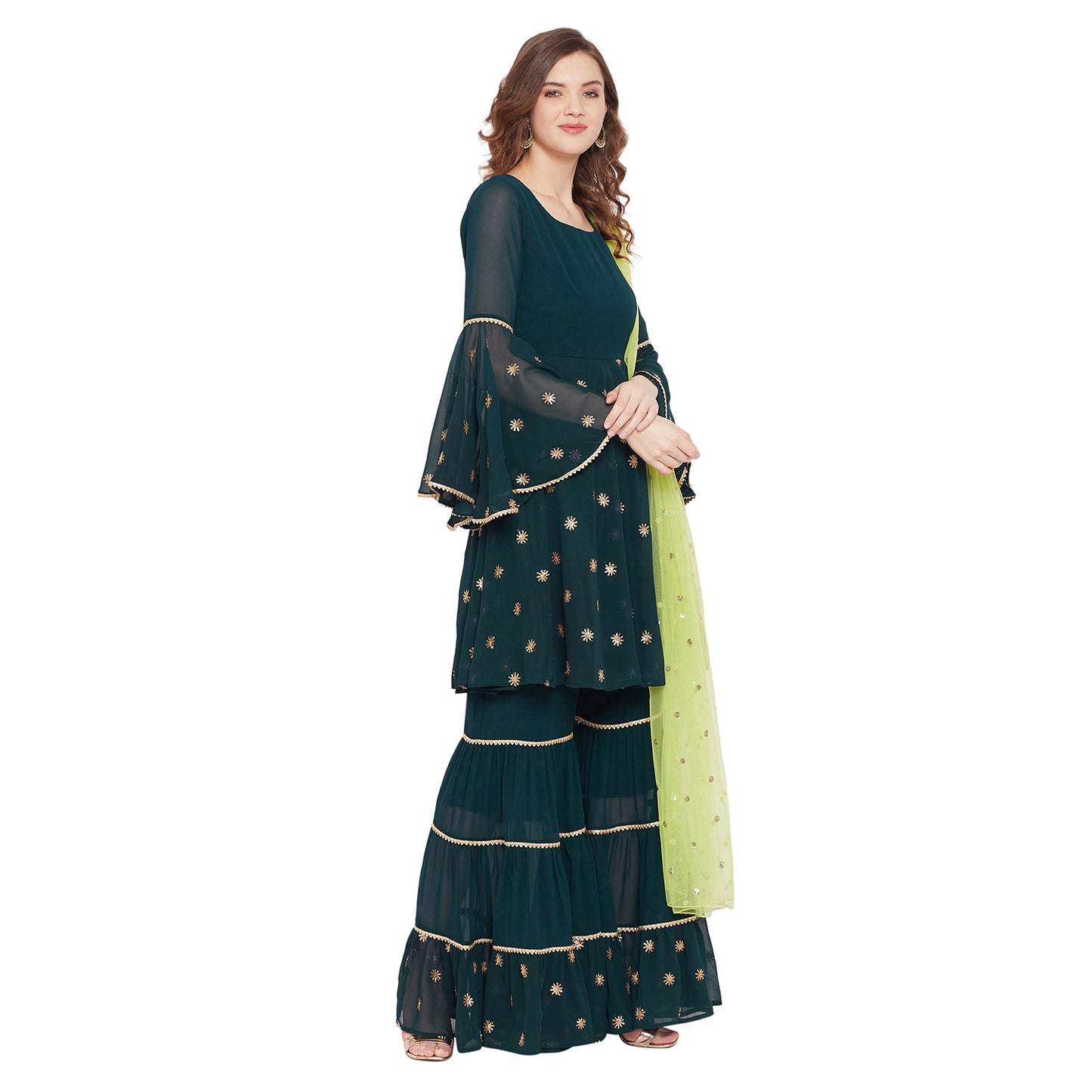 Dark green sharara set with green dupatta, overall gota lace detailing