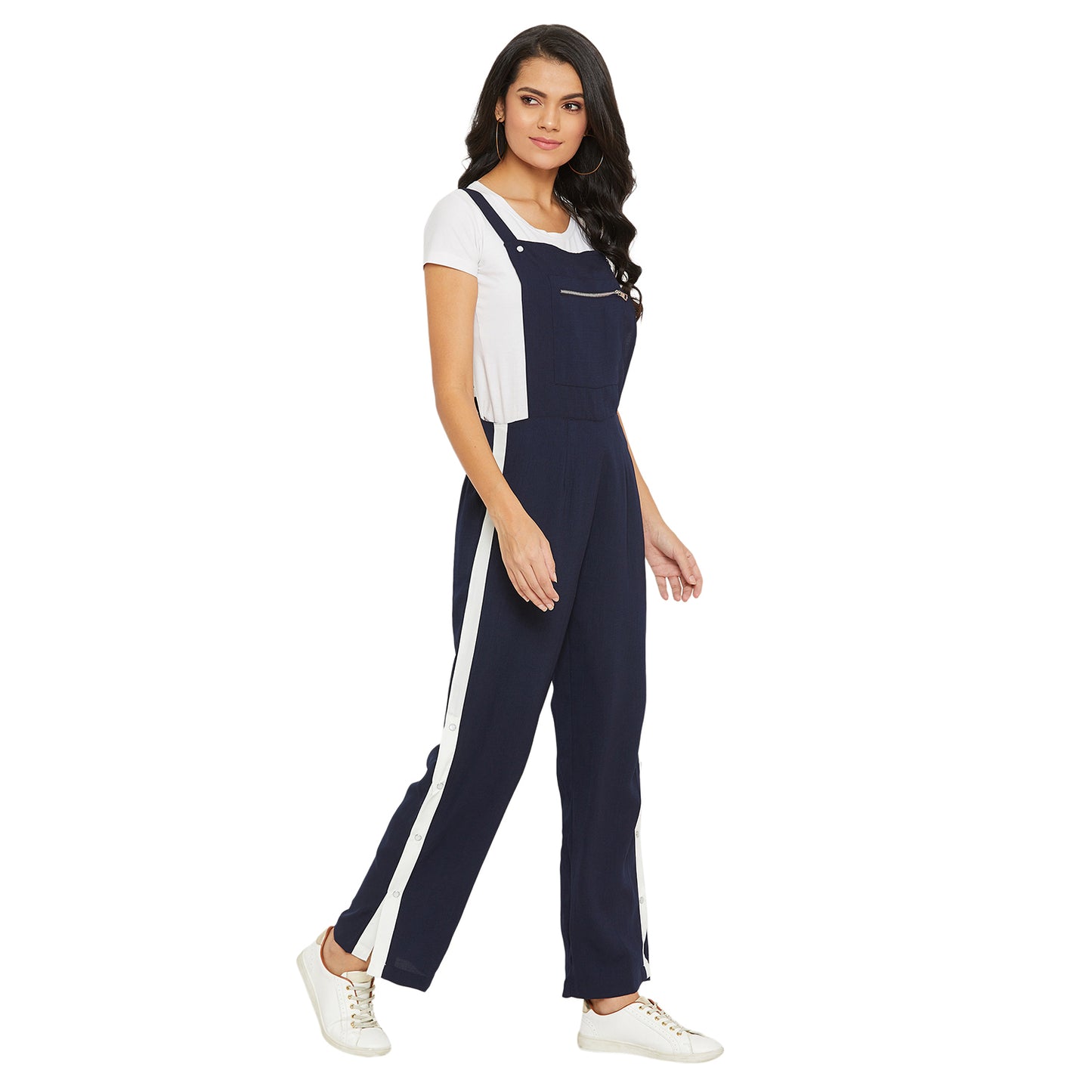Navy Blue solid dungarees with side stripes detail