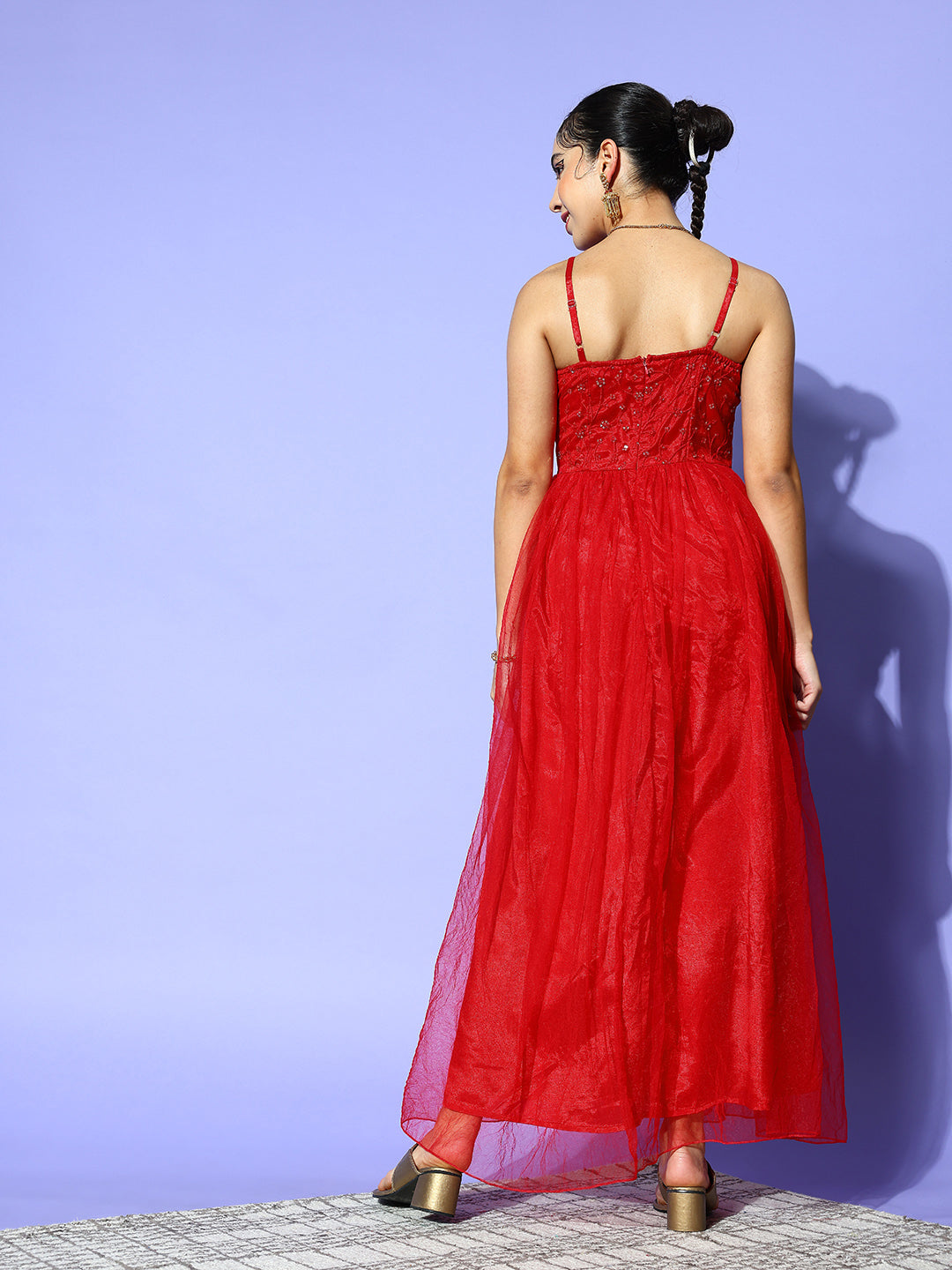 PANIT Women Deep Red Ethnic Motifs Noughties Spaghetti Dress