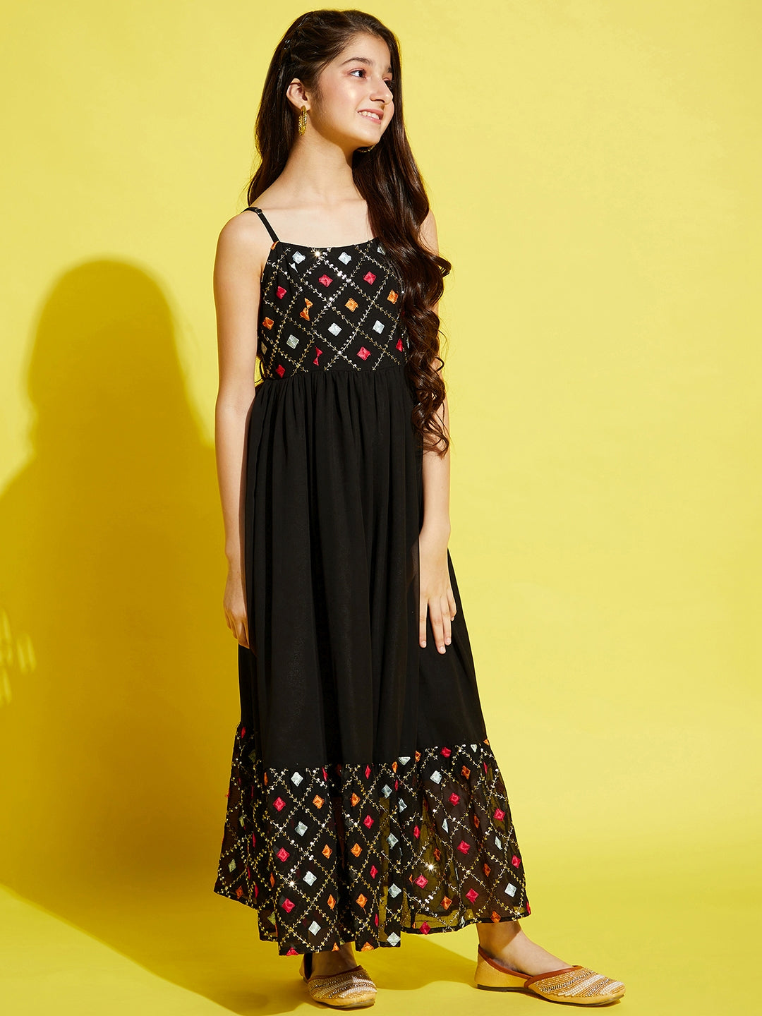Girls Black & Red Floral Embroidered Ethnic Maxi Dress