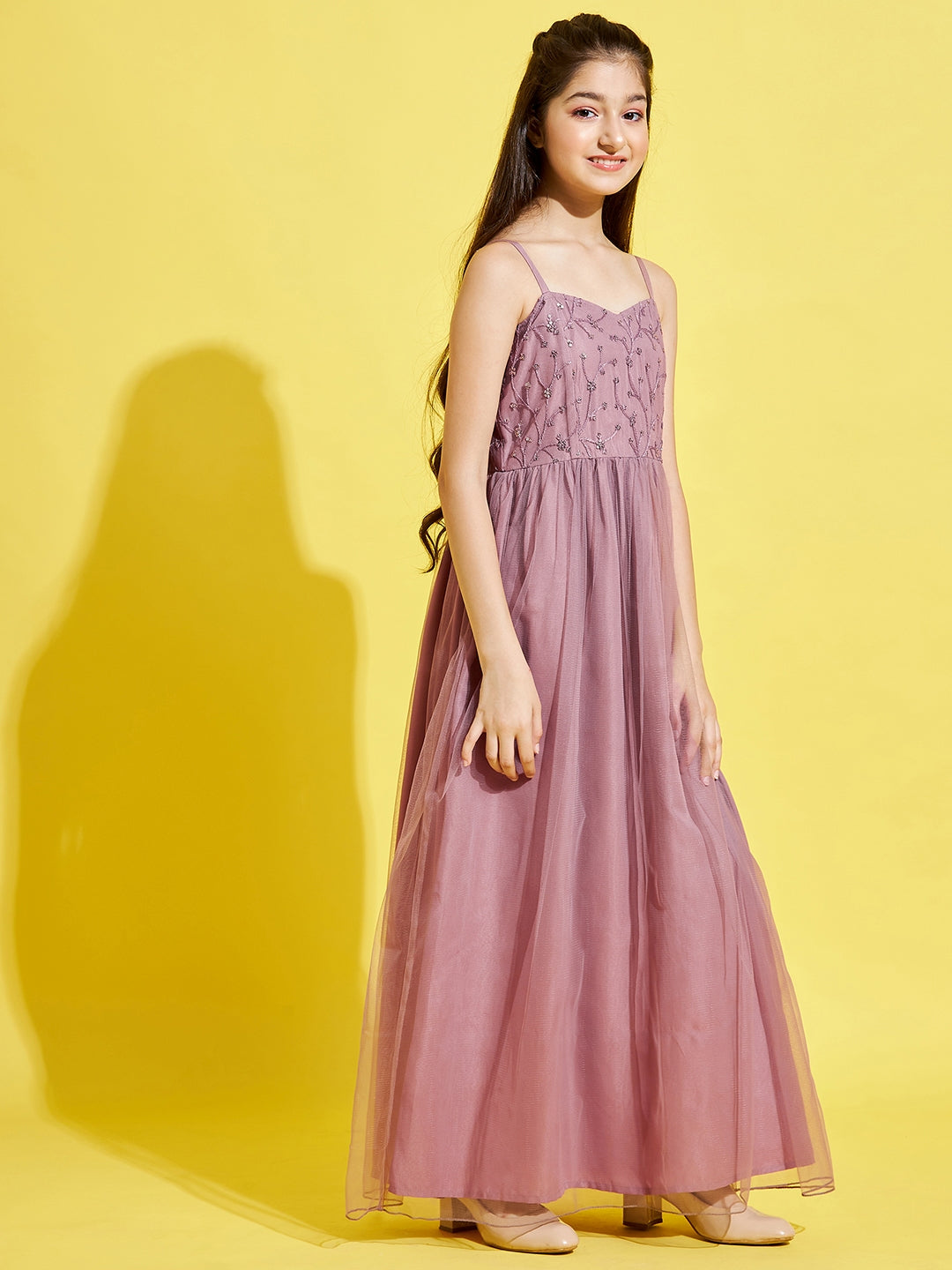 Girls Mauve Floral Net Maxi Maxi Dress