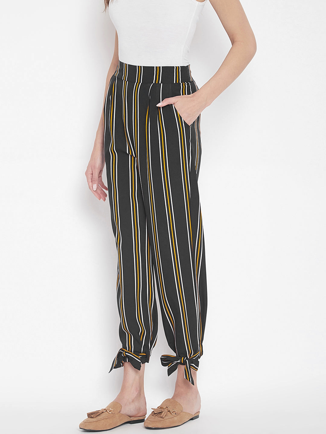 Women's navy blue multicolour stripes elasticed waist trouser