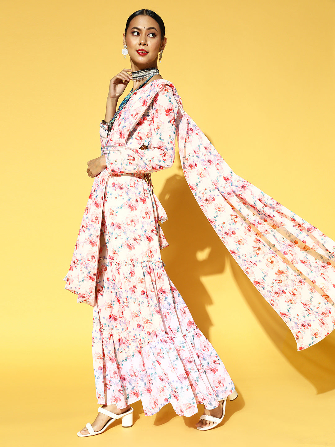 White & Pink Floral Print Ready to Wear Lehenga & Choli with Attached Dupatta