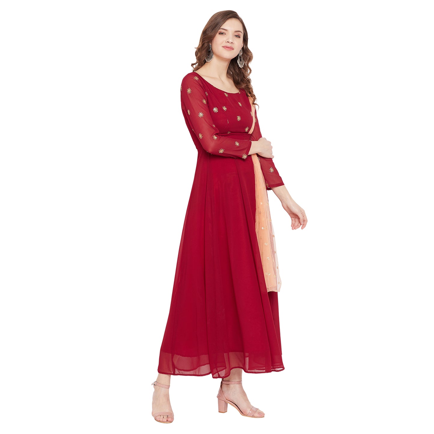 Women Maroon Embellished Maxi Dress With Dupatta