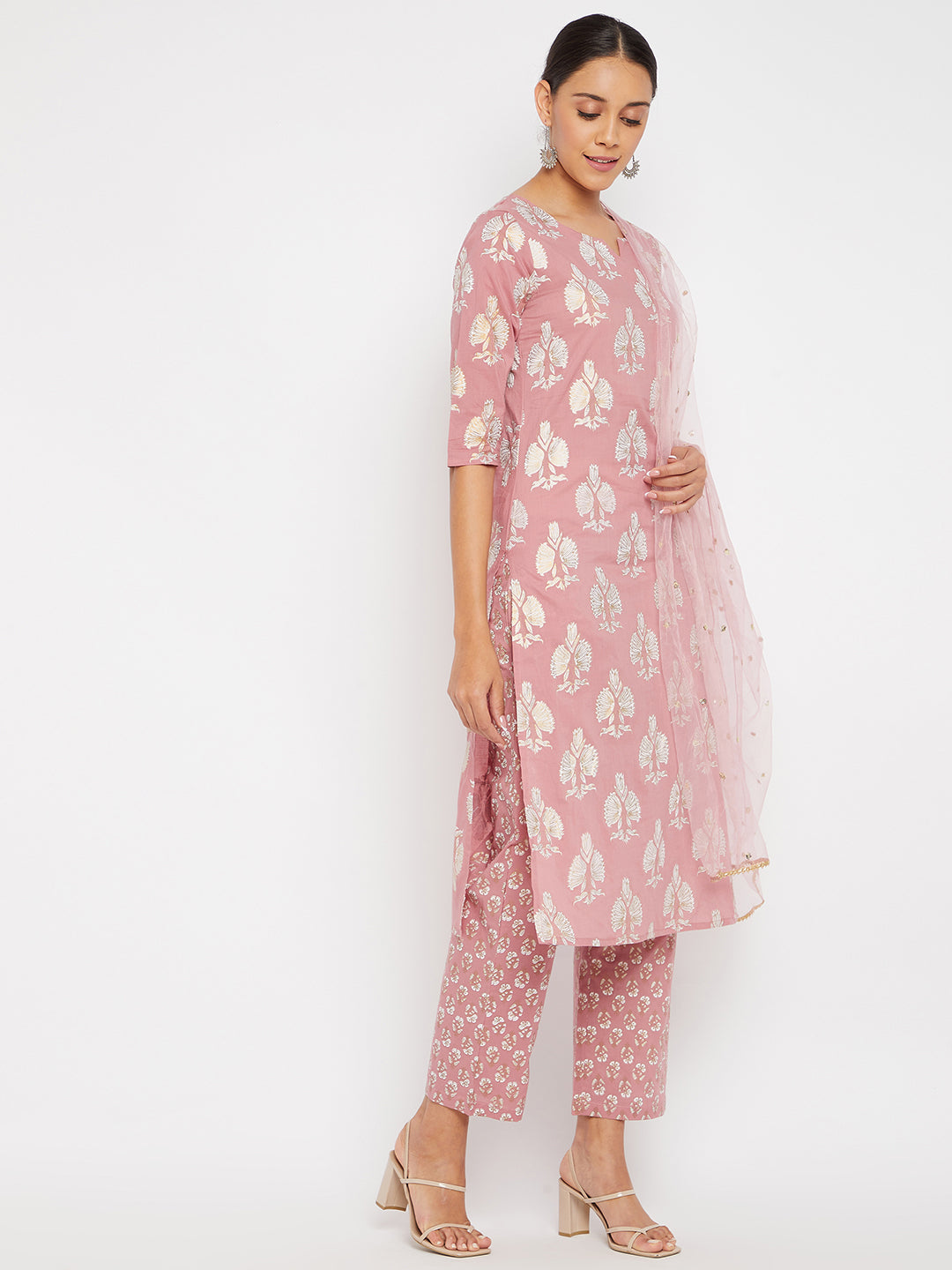 Women Pink Motif straight Kurta with Trouser and Dupatta