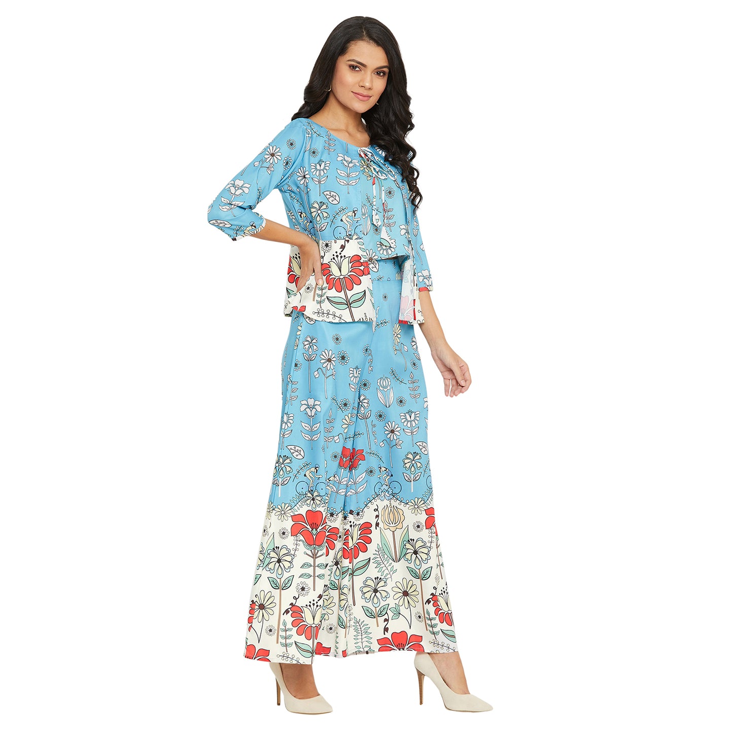 Women Ice Blue Printed Top With Inner and Palazzos