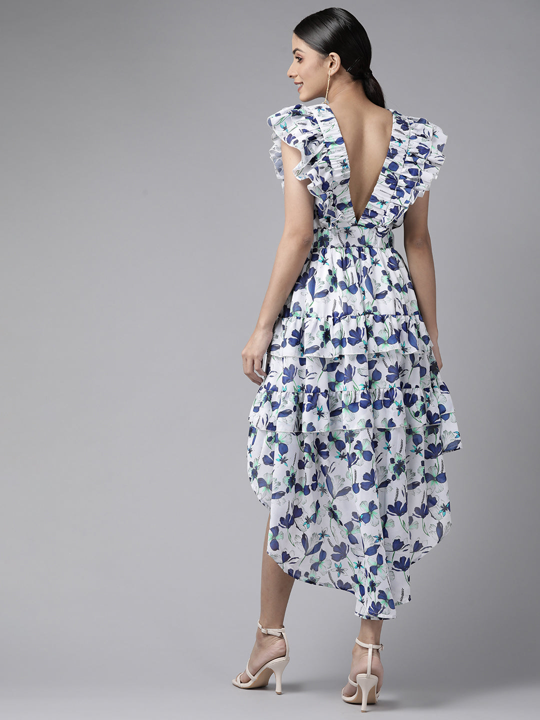PANIT White Navy Blue Floral Printed Ruffled Layered A-Line Midi Dress
