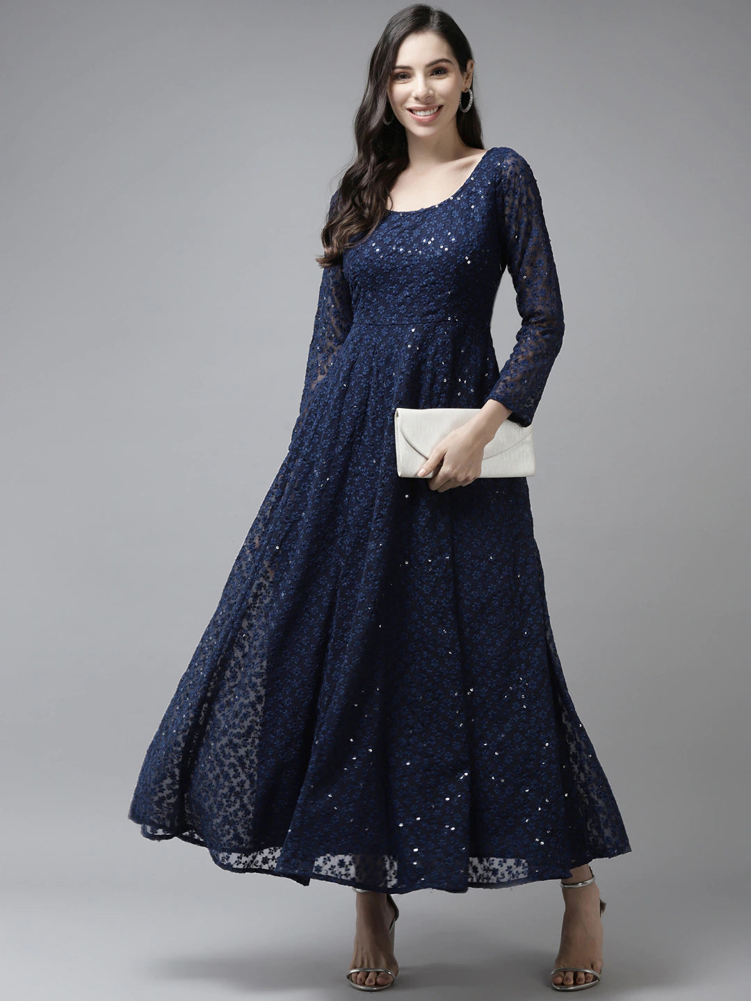 PANIT Women Navy Blue Ethnic Motifs Embroidered Ethnic Maxi Dress