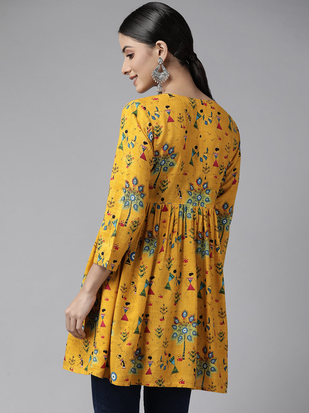 PANIT Women Yellow Black Tribal Printed Pleated Kurti