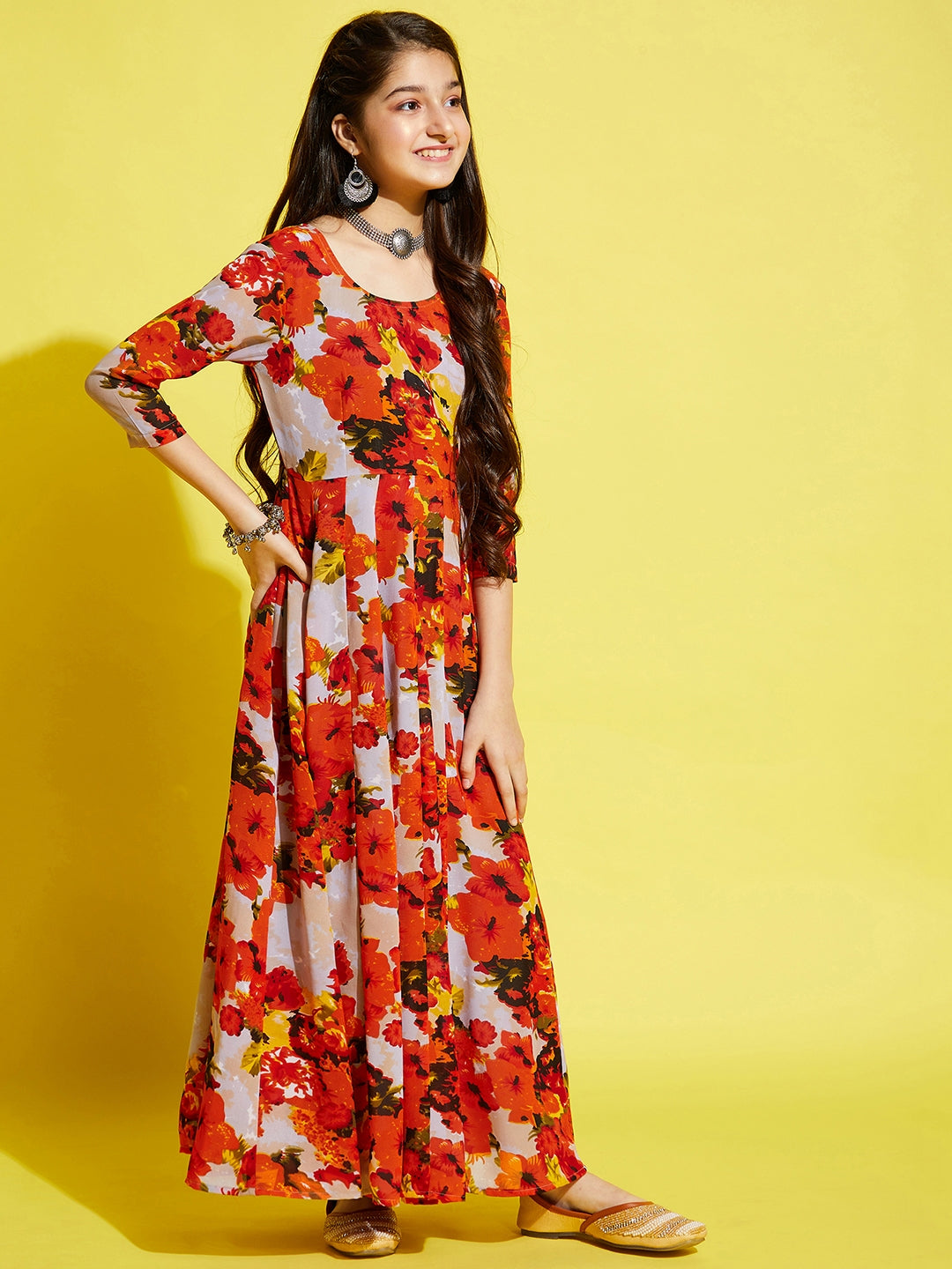 Girls Orange Floral Printed Georgette Ethnic Maxi Dress