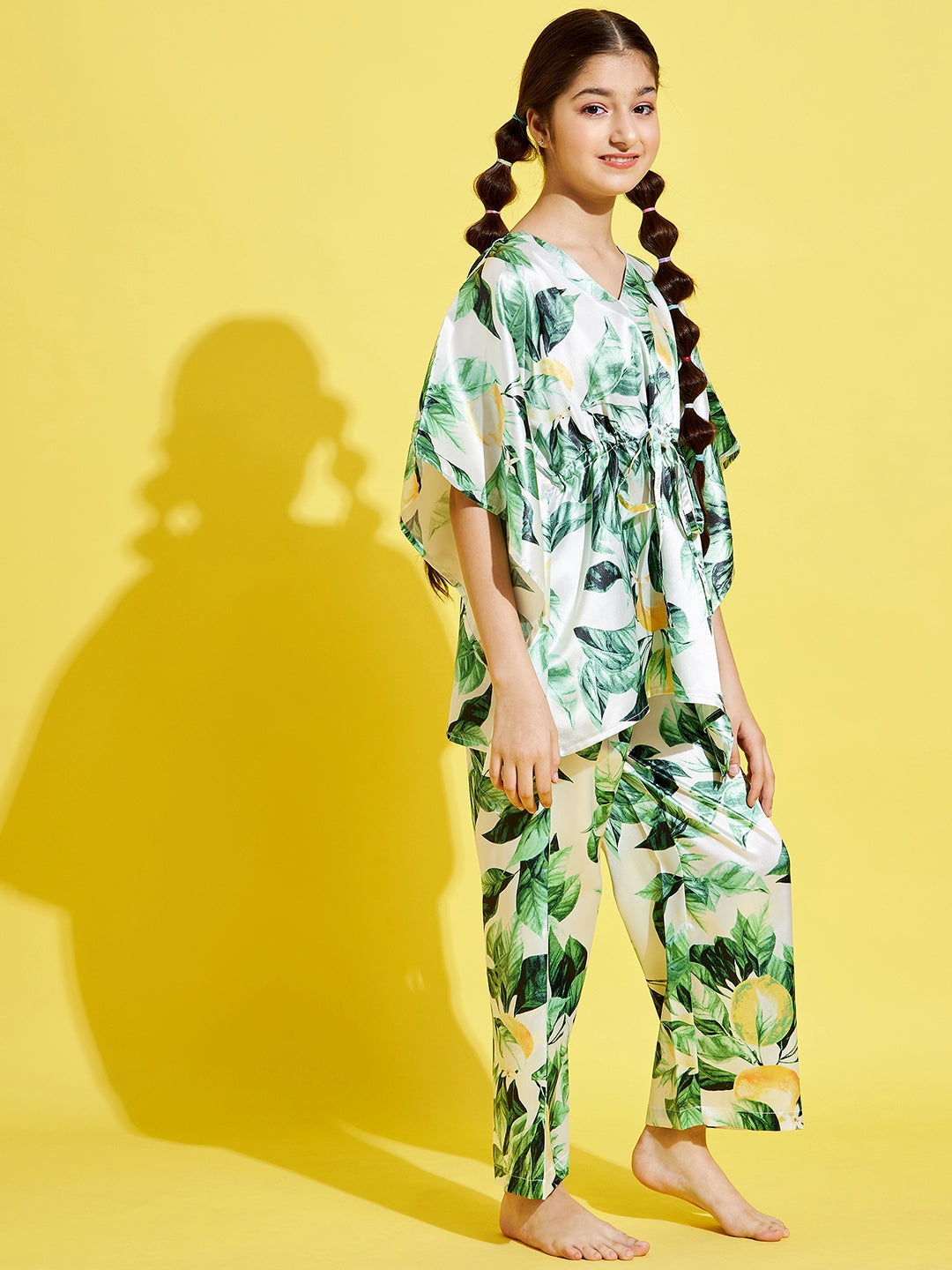 Cherry Jerry Girls Cream-Coloured Green Printed Kaftan Night suit
