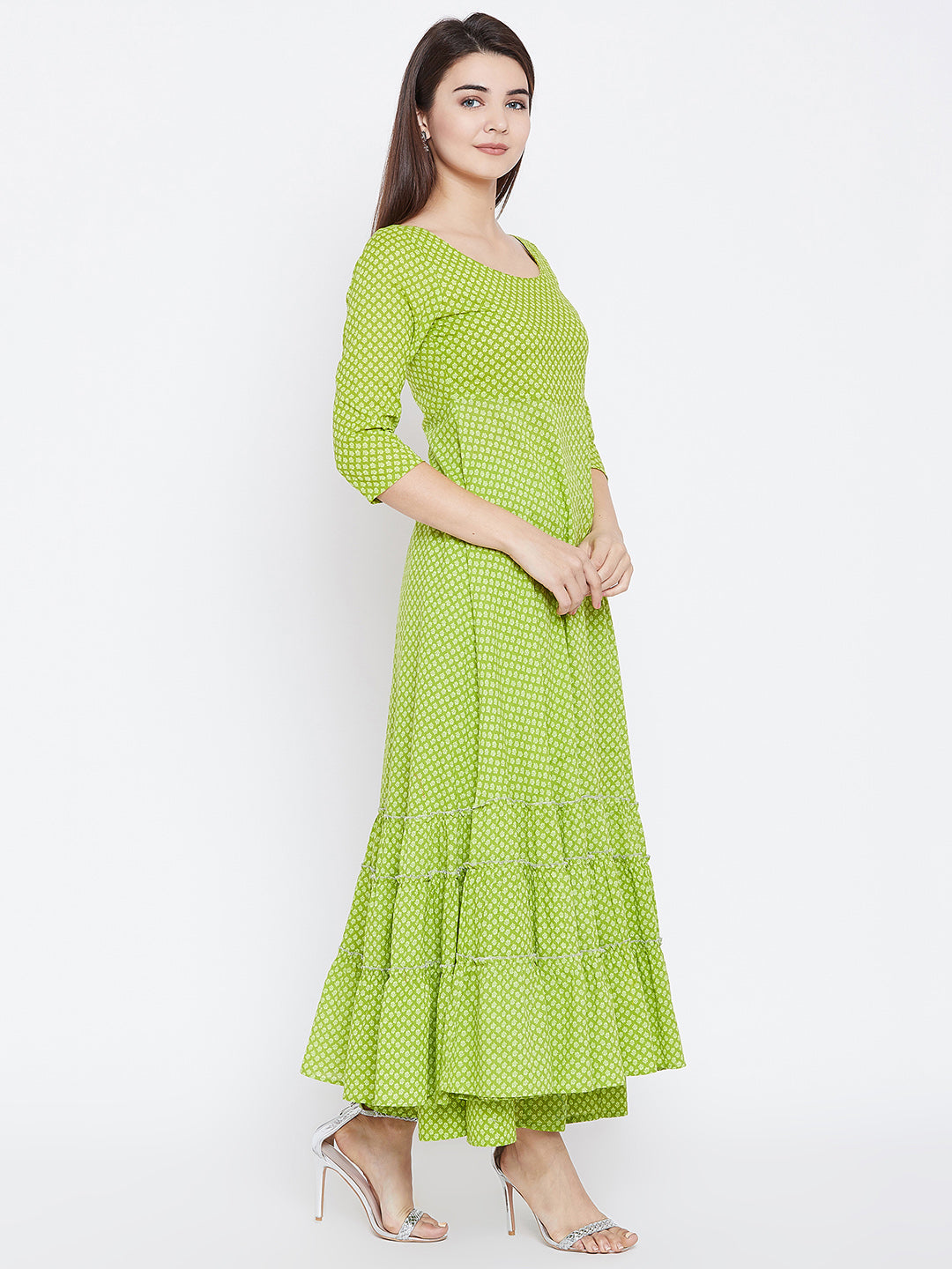PANIT Women Green Ethnic Motifs Printed Tiered Anarkali Kurta