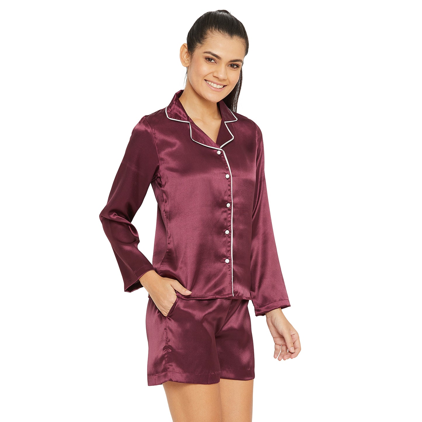 Women Wine Satin Finish Solid Night Suit