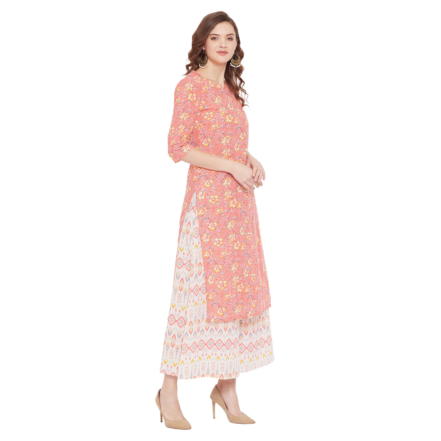 Printed peach kurta with white printed palazzo