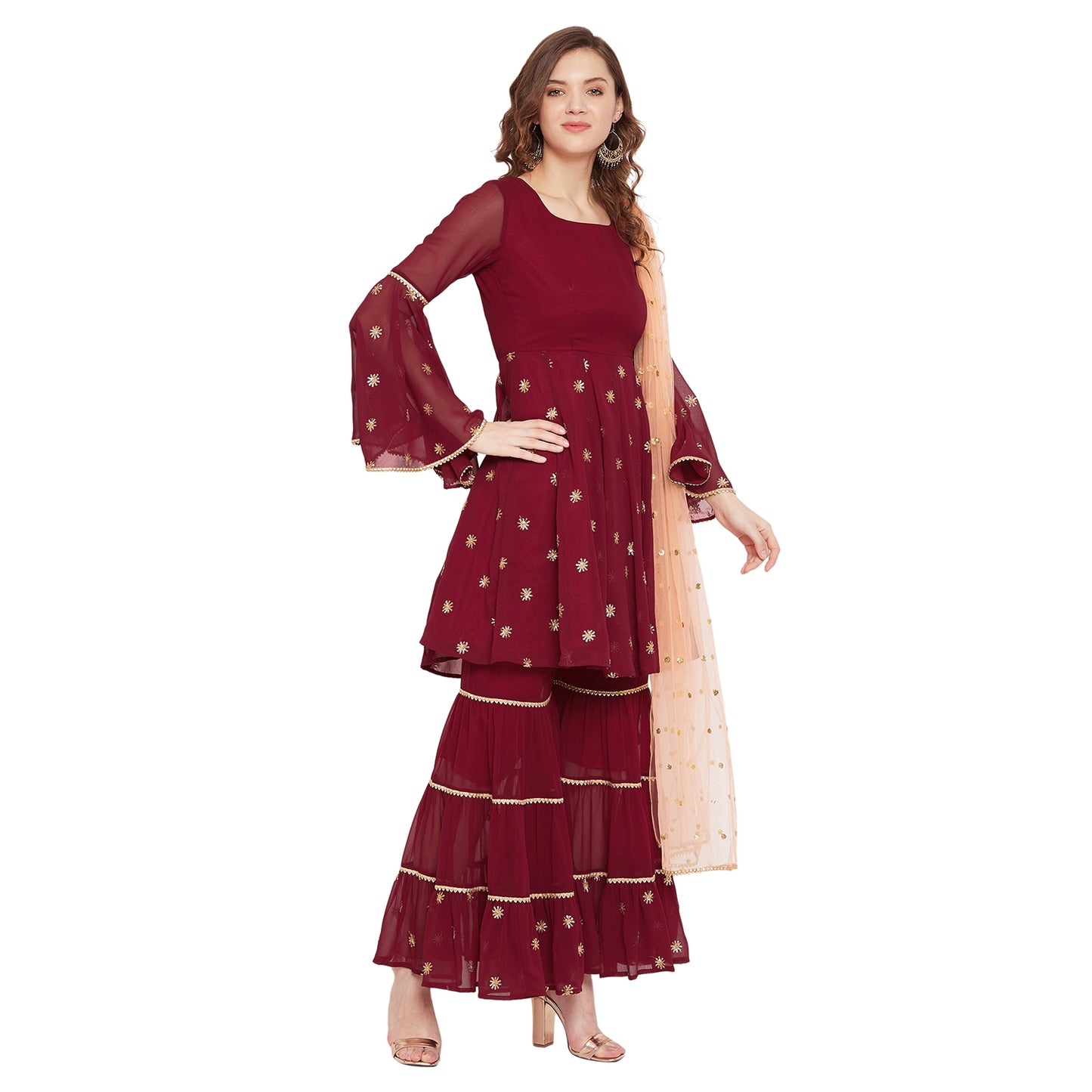 Maroon sharara set with peach dupatta, overall gota lace detailing