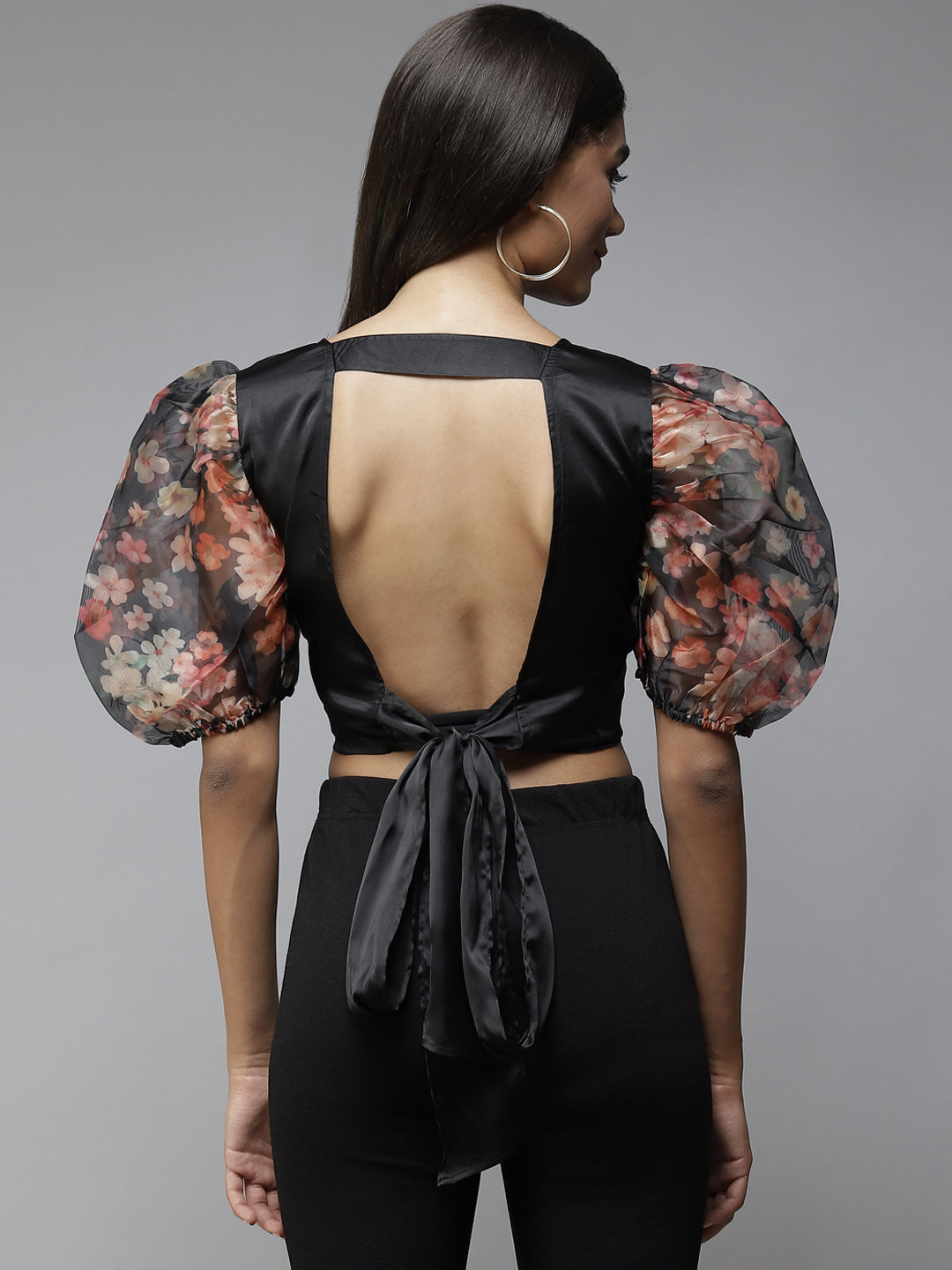 PANIT Black Red Floral Print Satin Blouson Crop Top