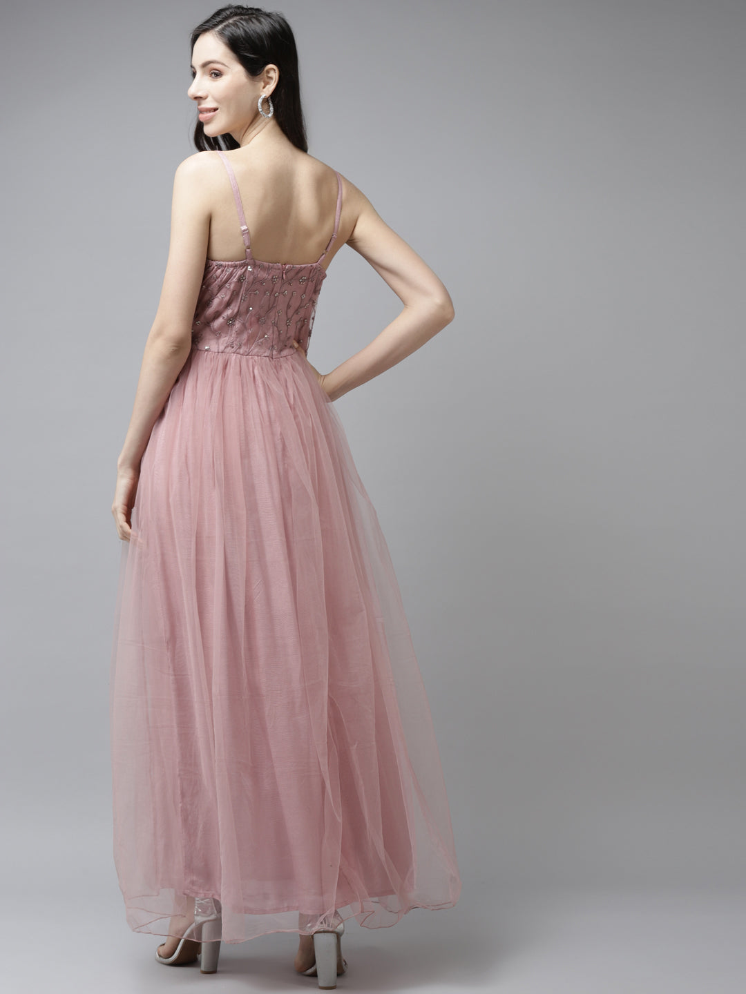 Women Pink Floral Embroidered Maxi Dress
